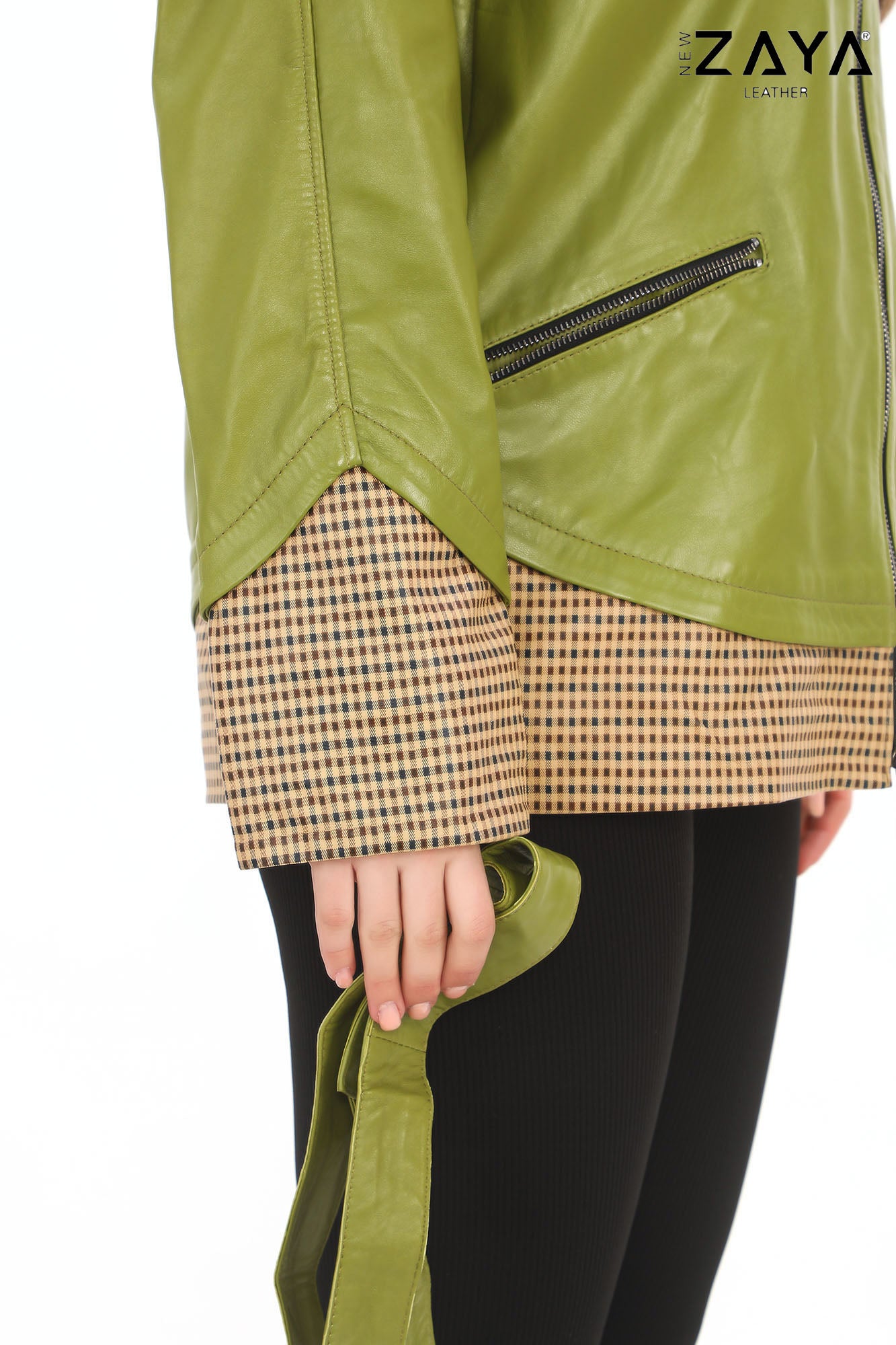 LYRA BLUE GENUINE LEATHER HOUNDSTOOTH COMBINED HOODED JACKET Green