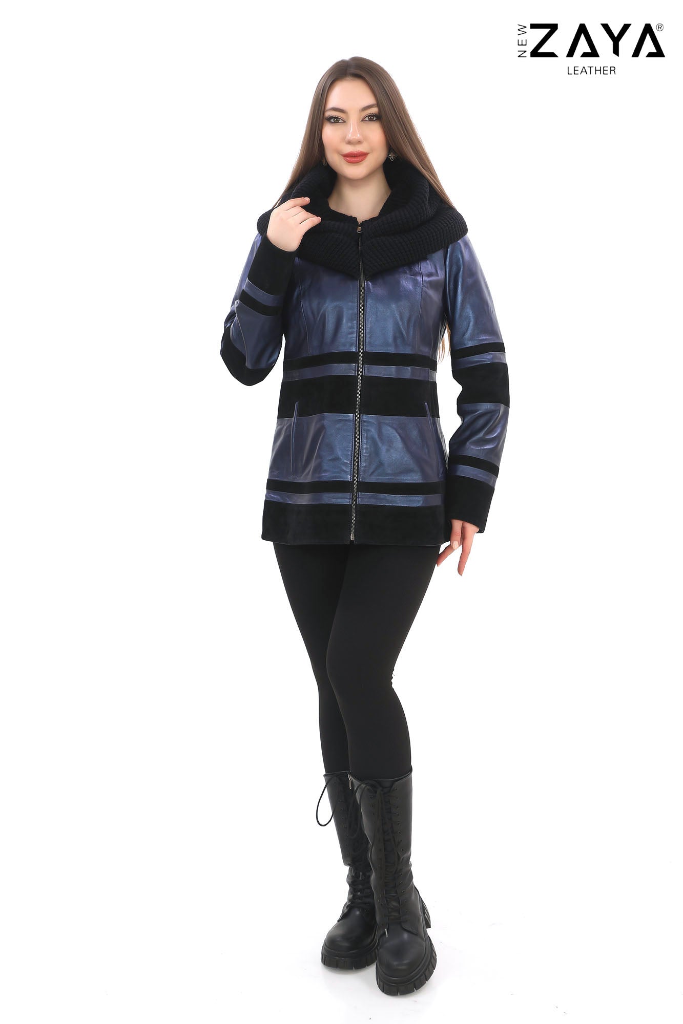 Aurevine Women’s Metallic Blue Genuine Leather Jacket with Knit Shawl Collar and Suede Contrast Panels