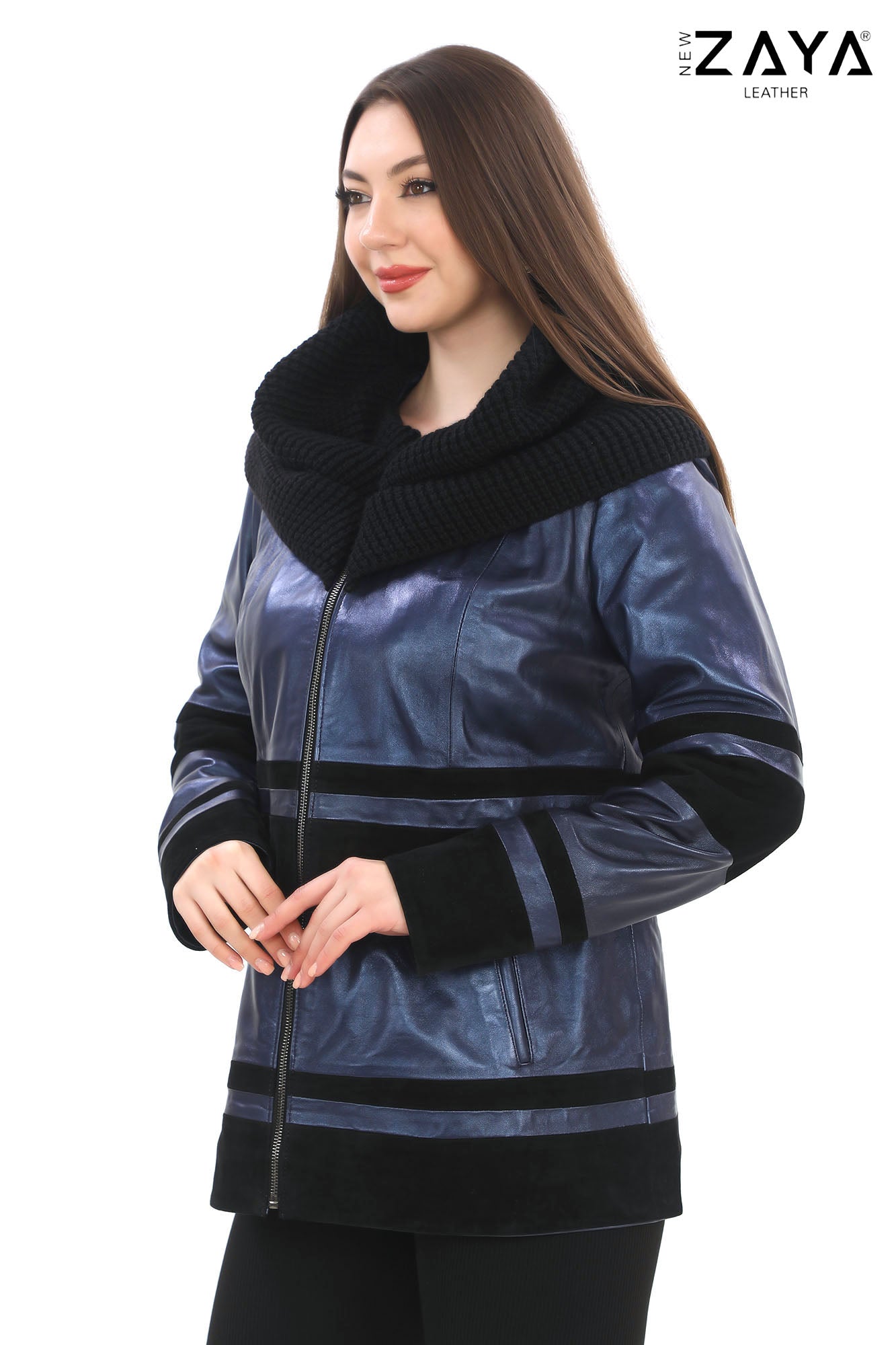 Aurevine Women’s Metallic Blue Genuine Leather Jacket with Knit Shawl Collar and Suede Contrast Panels