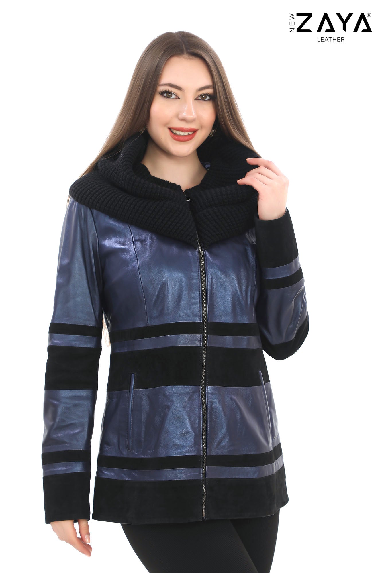 Aurevine Women’s Metallic Blue Genuine Leather Jacket with Knit Shawl Collar and Suede Contrast Panels