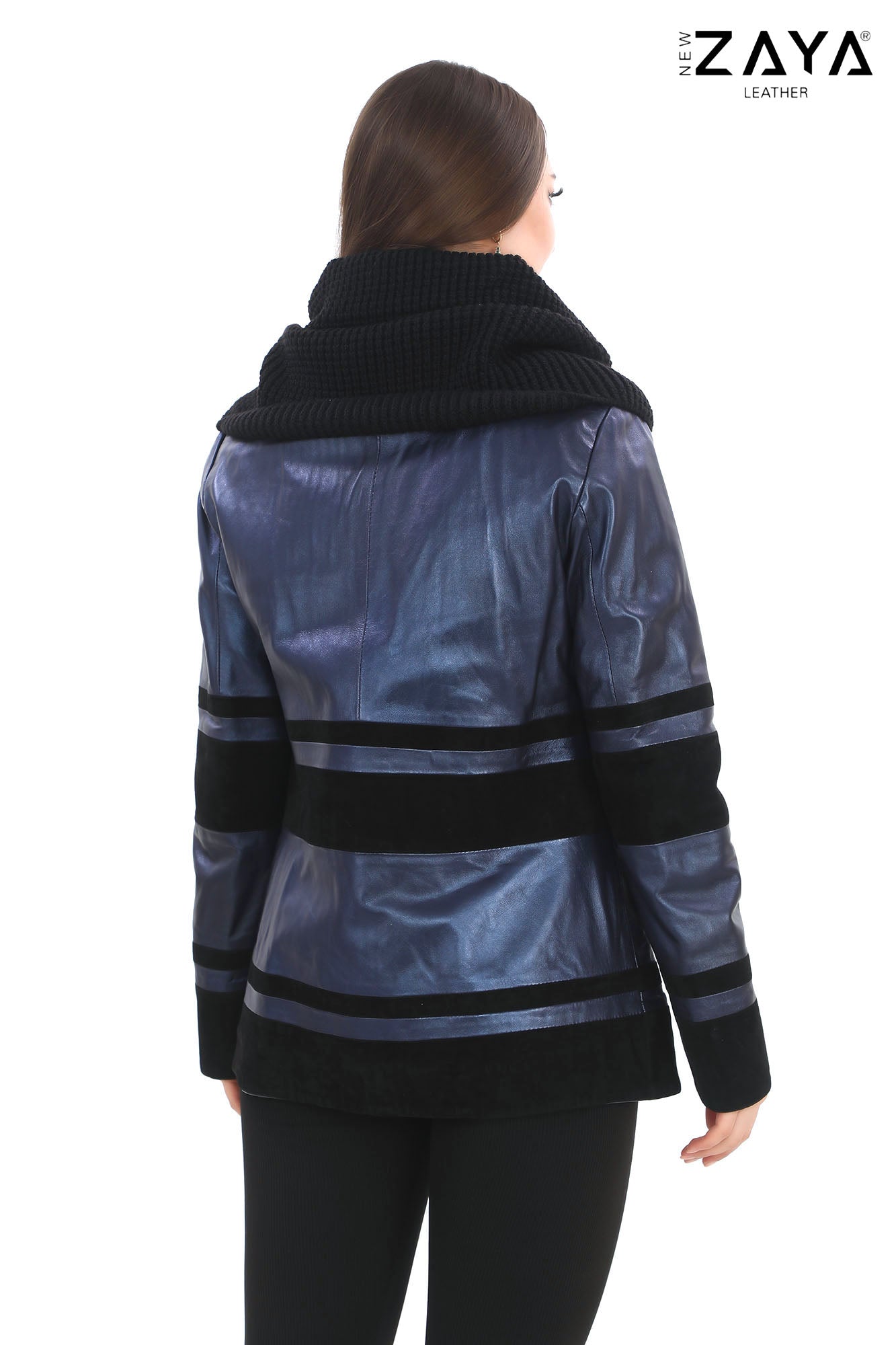 Aurevine Women’s Metallic Blue Genuine Leather Jacket with Knit Shawl Collar and Suede Contrast Panels