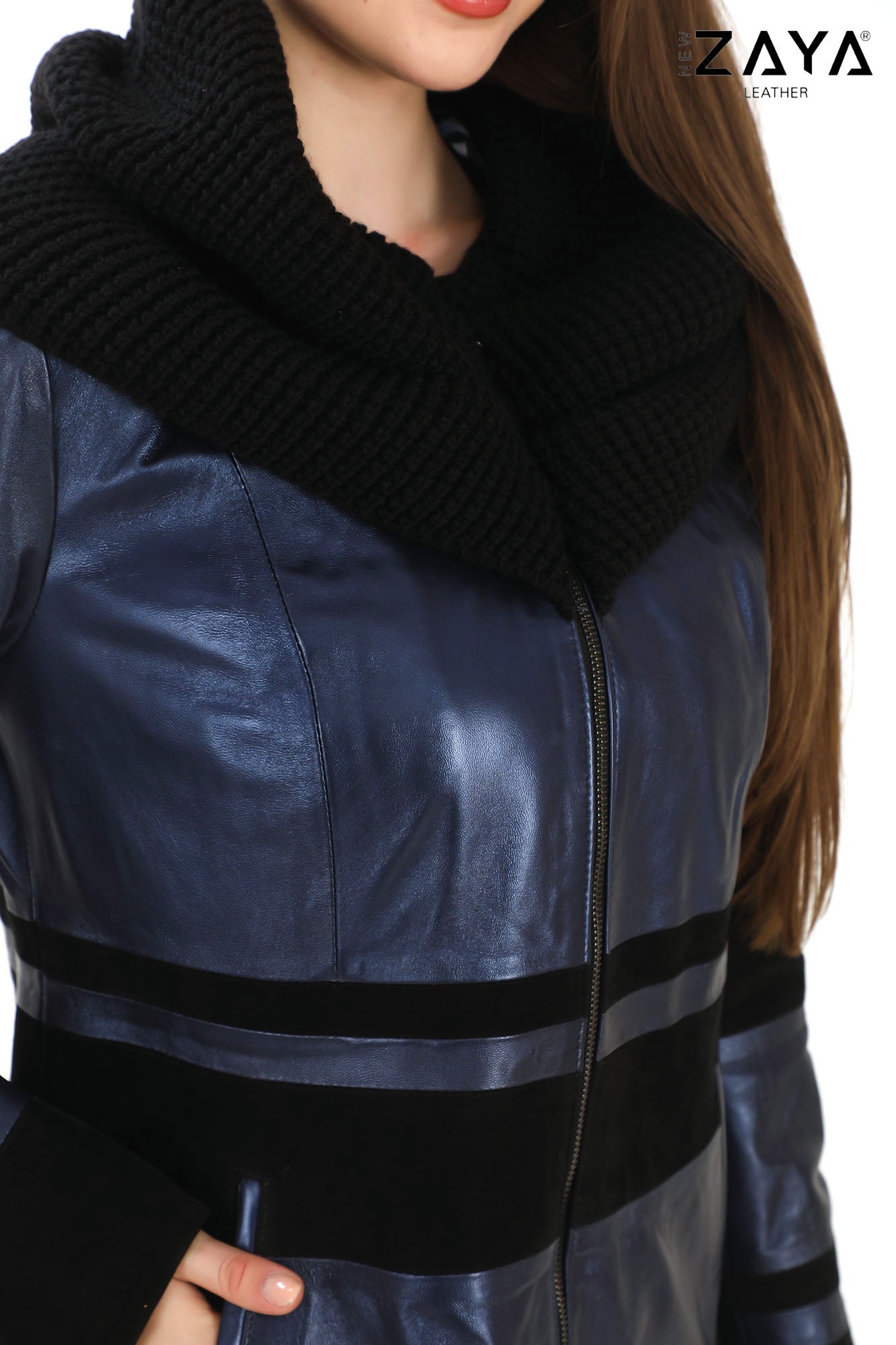 Aurevine Women’s Metallic Blue Genuine Leather Jacket with Knit Shawl Collar and Suede Contrast Panels