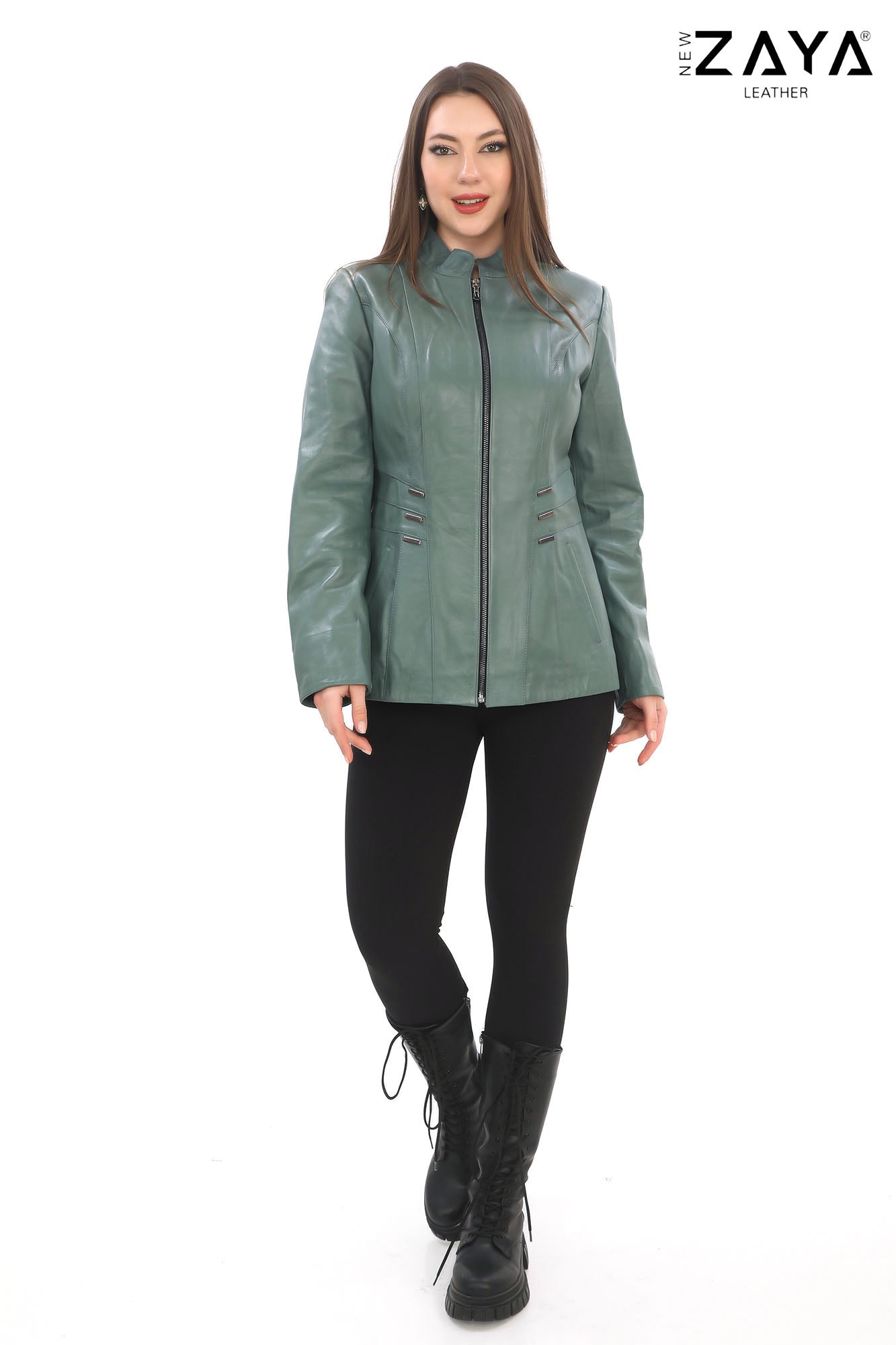 Treviso Genuine Lambskin Mint Green Leather Jacket with Metallic Side Bar Details