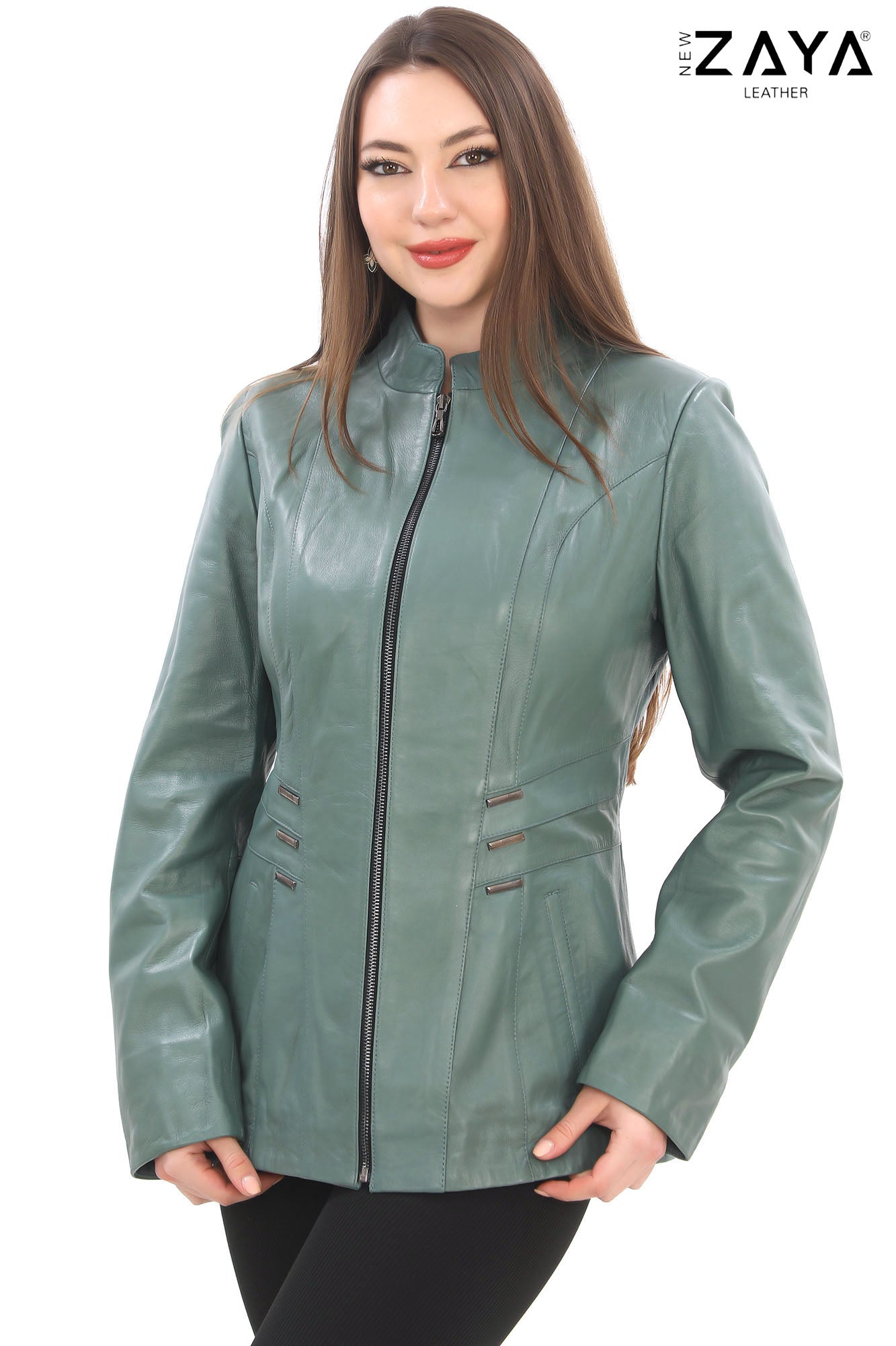 Treviso Genuine Lambskin Mint Green Leather Jacket with Metallic Side Bar Details