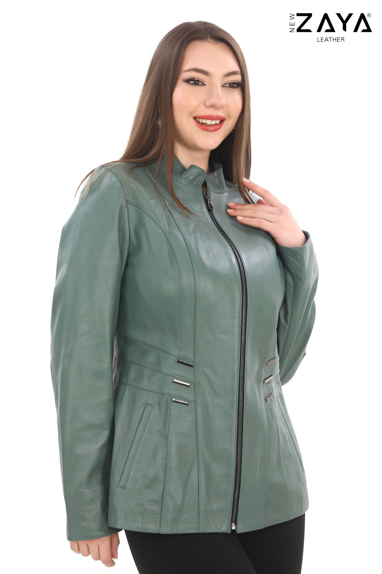 Treviso Genuine Lambskin Mint Green Leather Jacket with Metallic Side Bar Details
