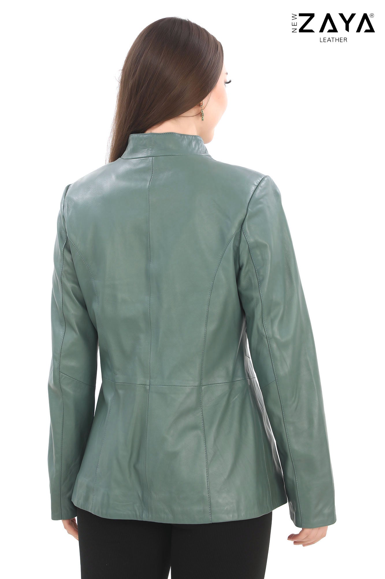 Treviso Genuine Lambskin Mint Green Leather Jacket with Metallic Side Bar Details
