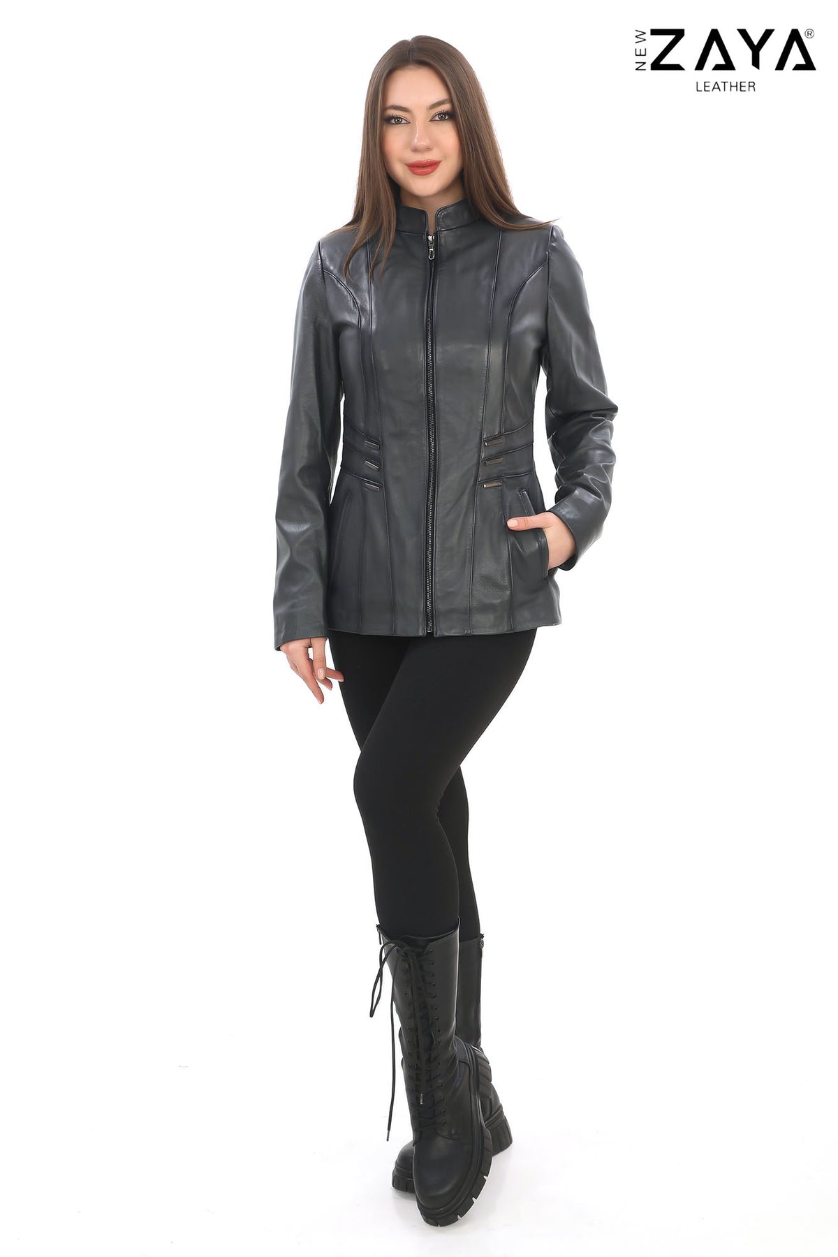 Treviso Genuine Lambskin Anthracite Leather Jacket with Metallic Side Bar Details