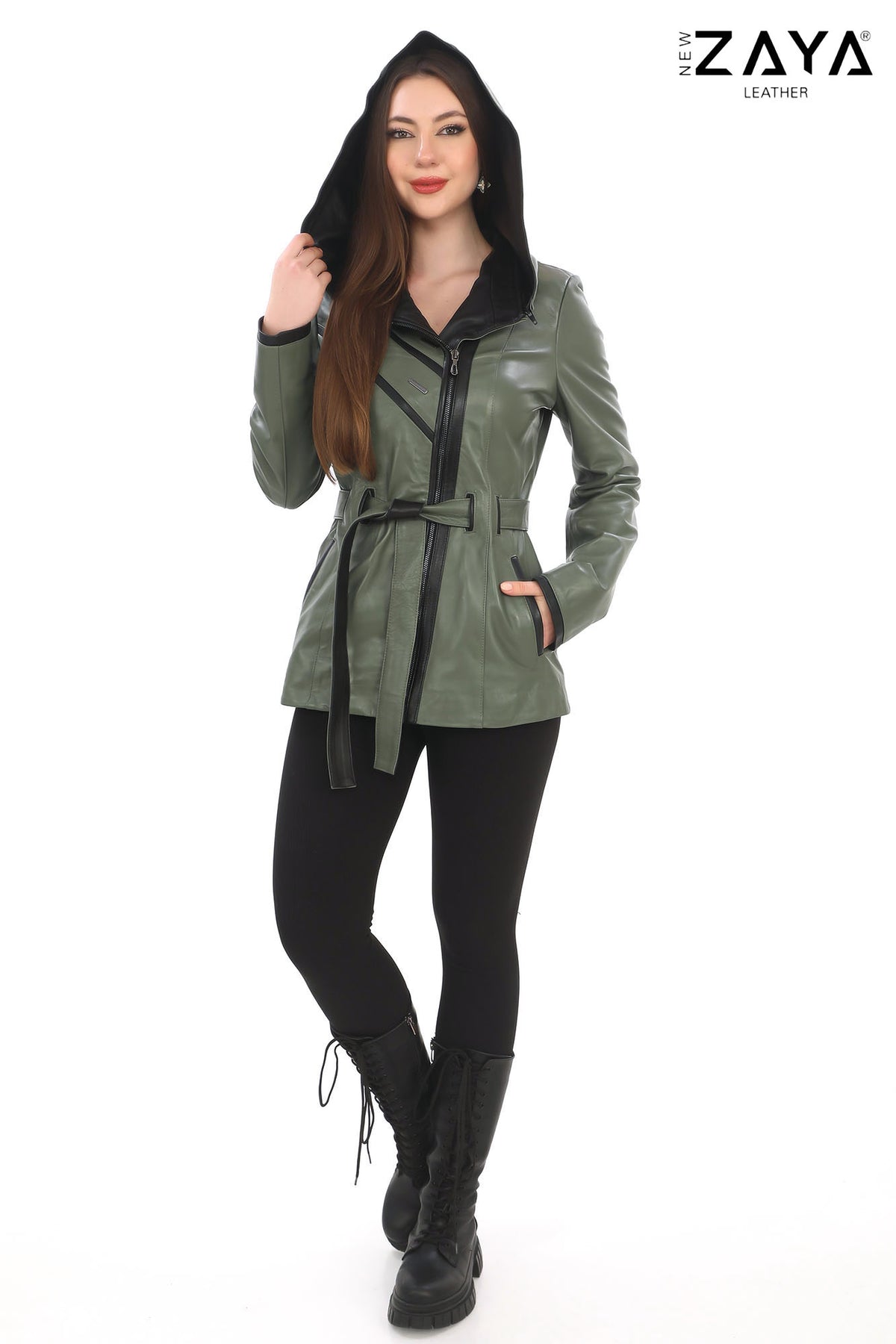 Venza Genuine Lambskin Khaki Hooded Leather Jacket with Contrast Asymmetric Stripes