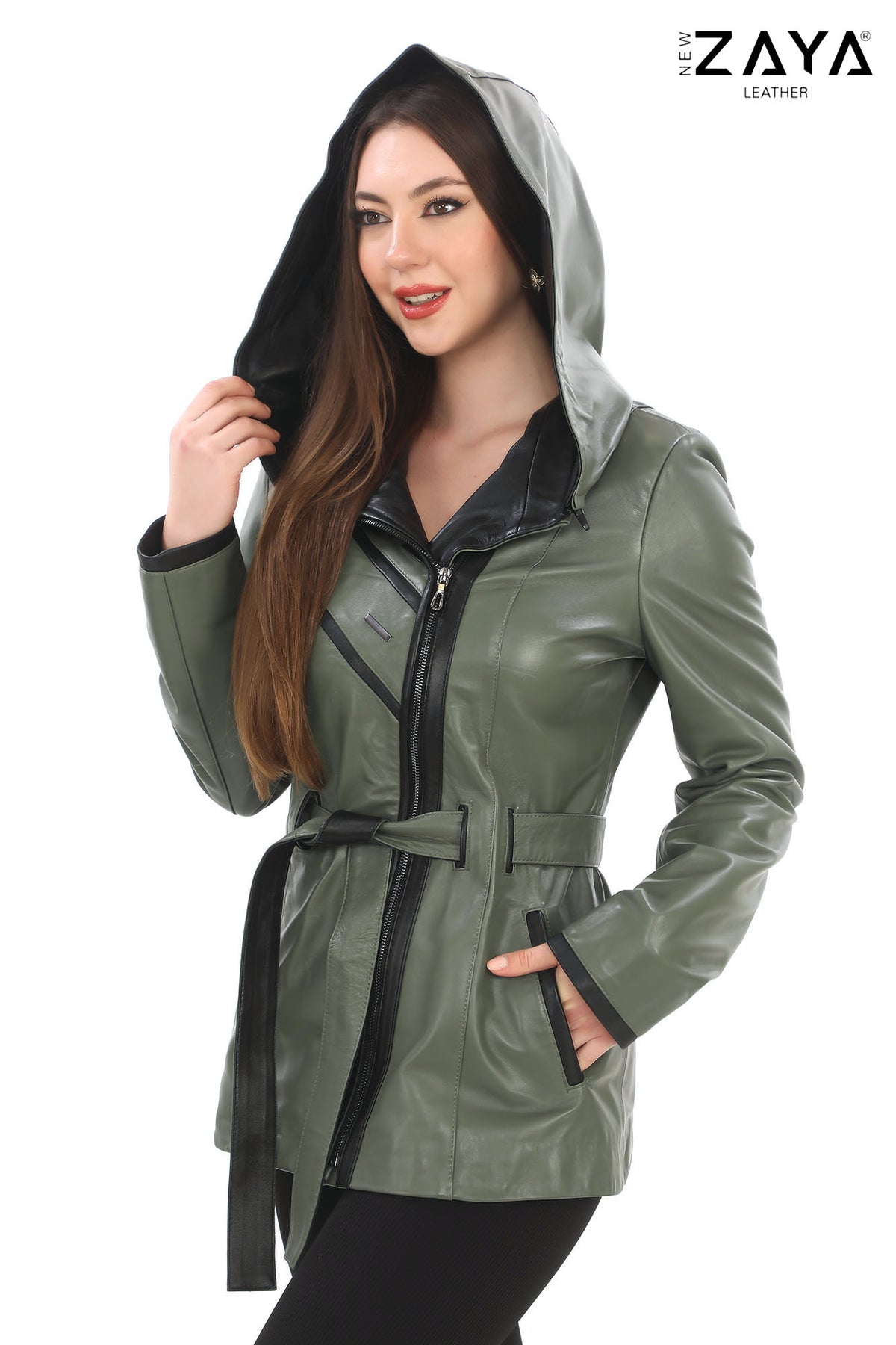Venza Genuine Lambskin Khaki Hooded Leather Jacket with Contrast Asymmetric Stripes