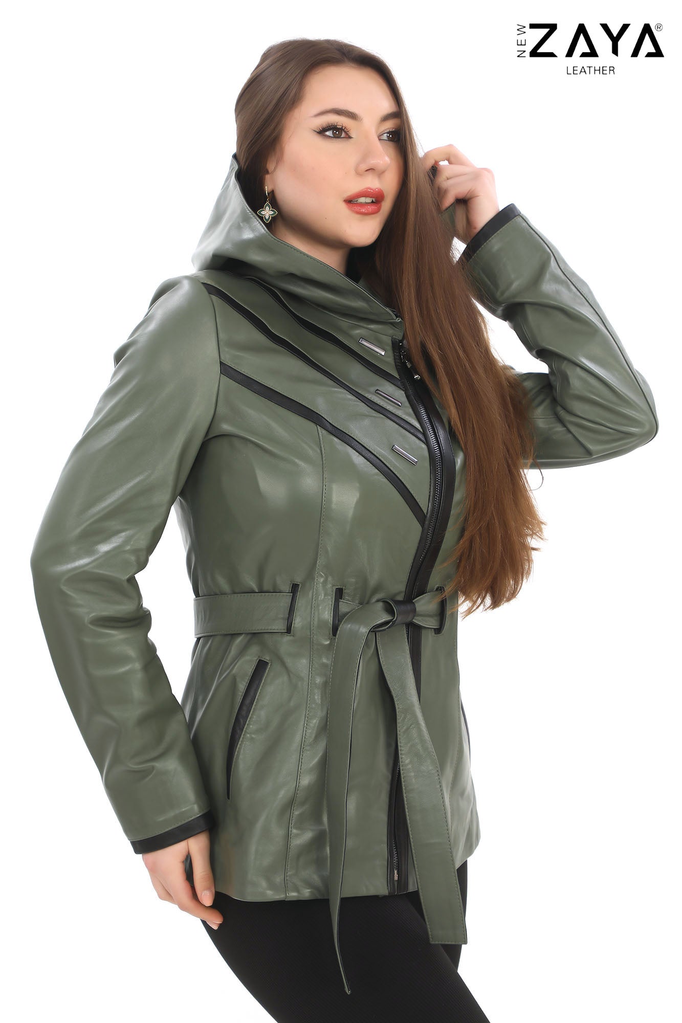 Venza Genuine Lambskin Khaki Hooded Leather Jacket with Contrast Asymmetric Stripes