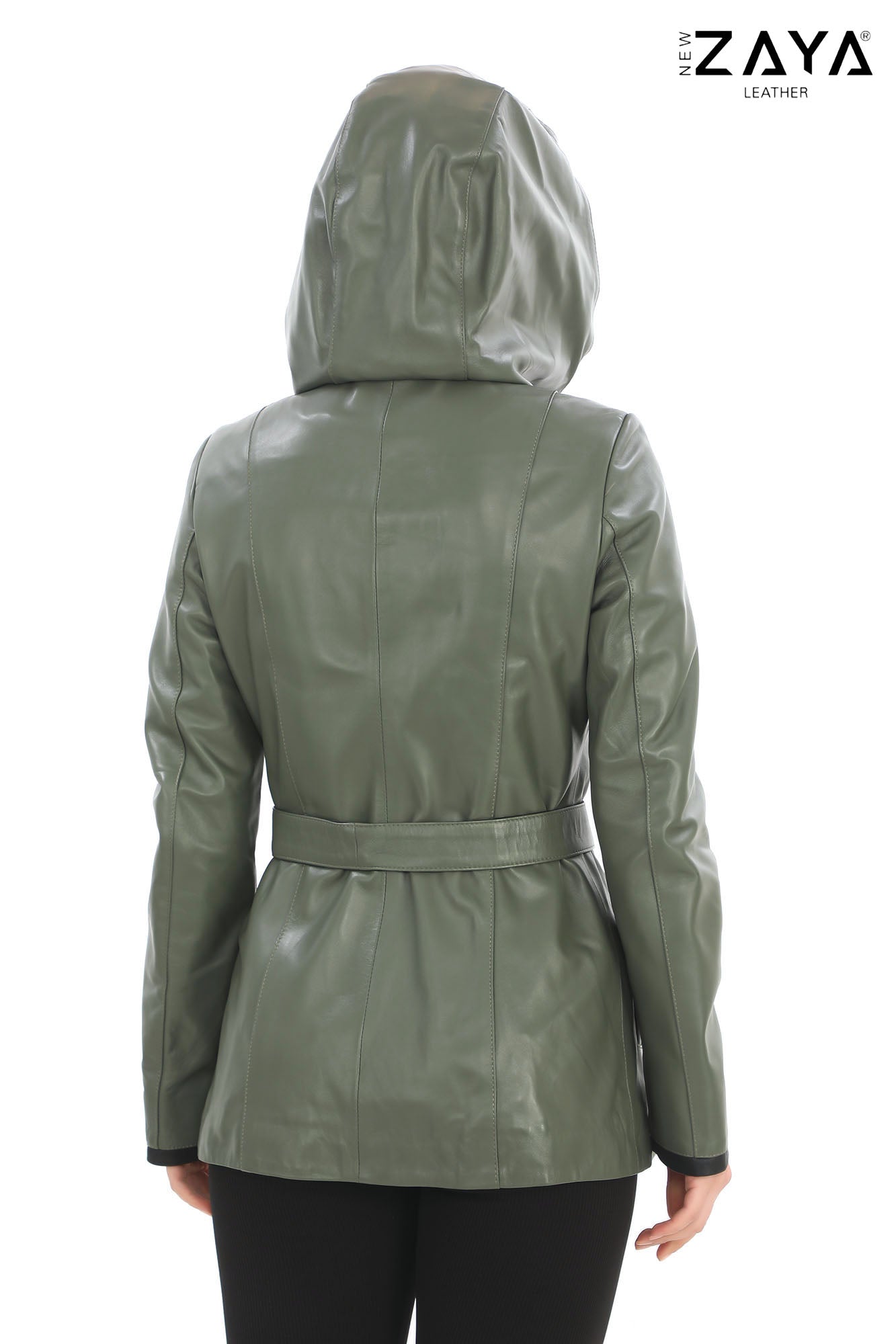 Venza Genuine Lambskin Khaki Hooded Leather Jacket with Contrast Asymmetric Stripes