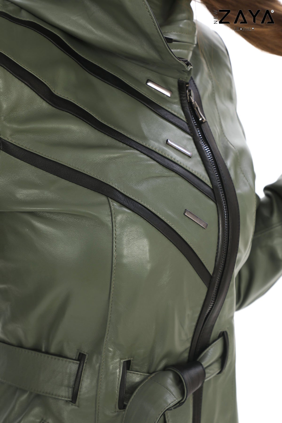 Venza Genuine Lambskin Khaki Hooded Leather Jacket with Contrast Asymmetric Stripes