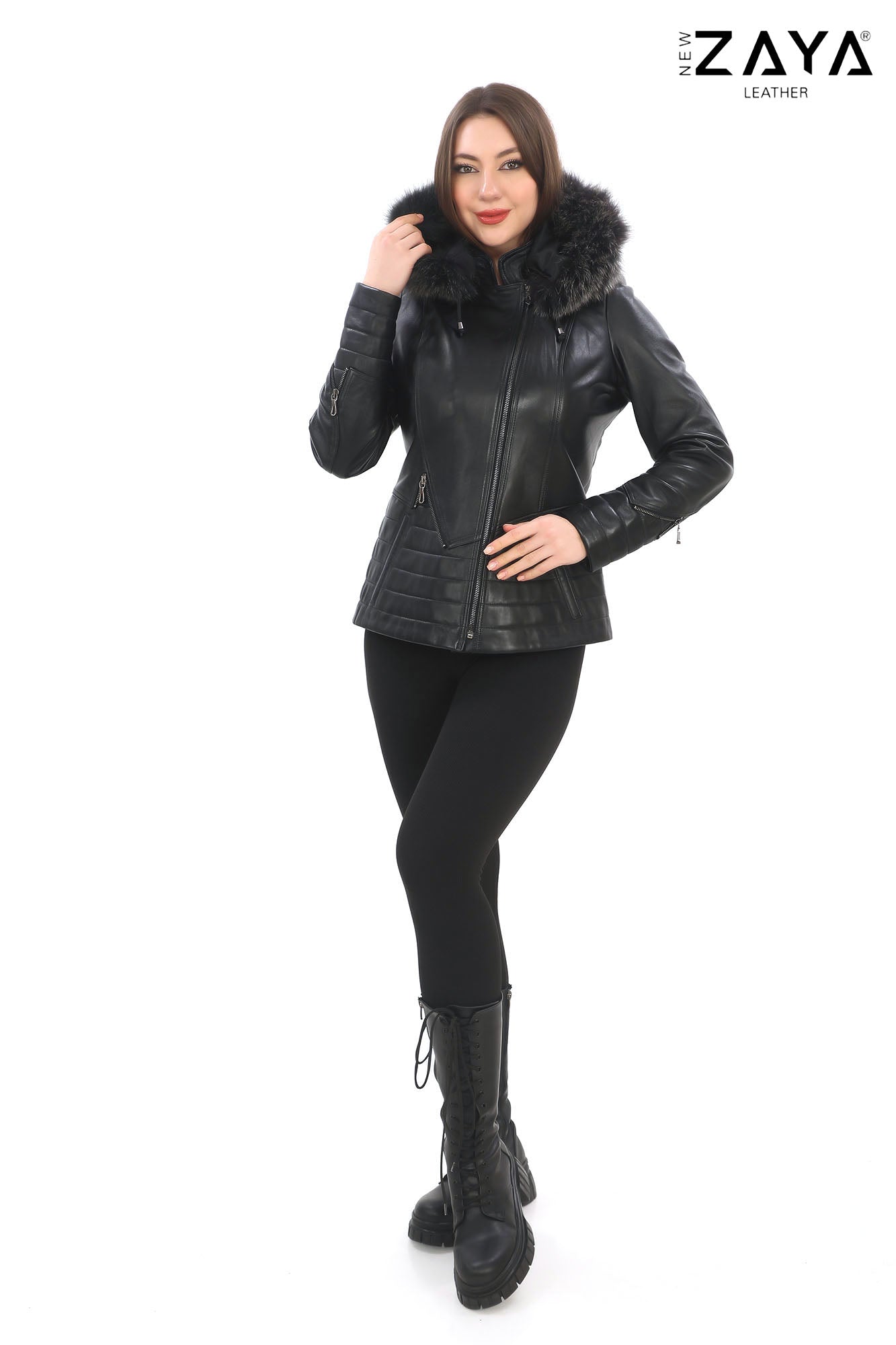 Capri Genuine Lambskin Black Leather Hooded Jacket with Authentic Fox Fur Trim