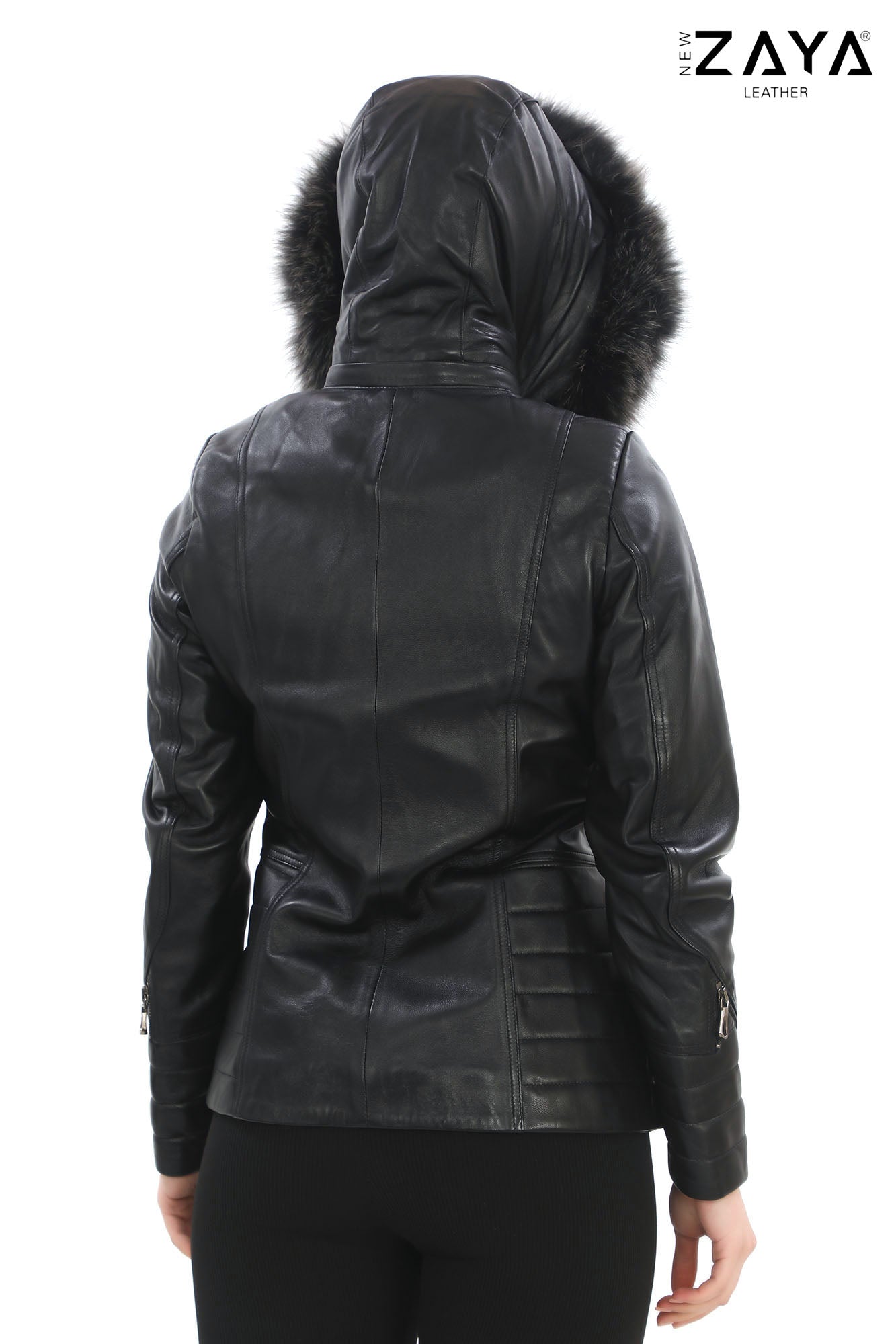 Capri Genuine Lambskin Black Leather Hooded Jacket with Authentic Fox Fur Trim
