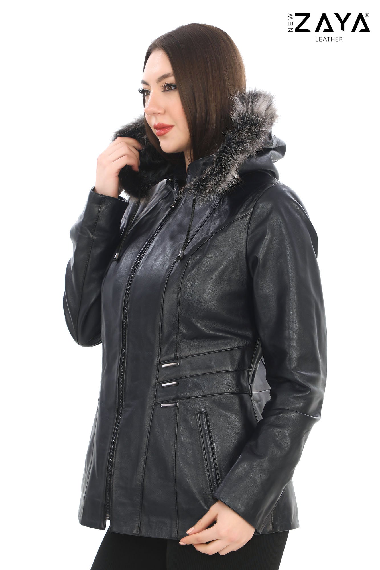 ELIVE NAVY  BLUE Fur Hooded Leather Jacket