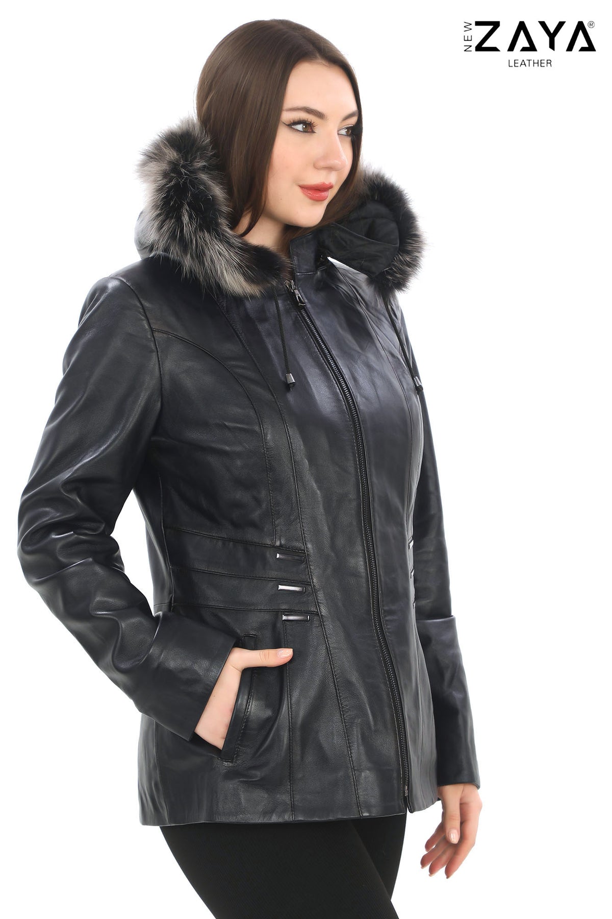 ELIVE NAVY  BLUE Fur Hooded Leather Jacket