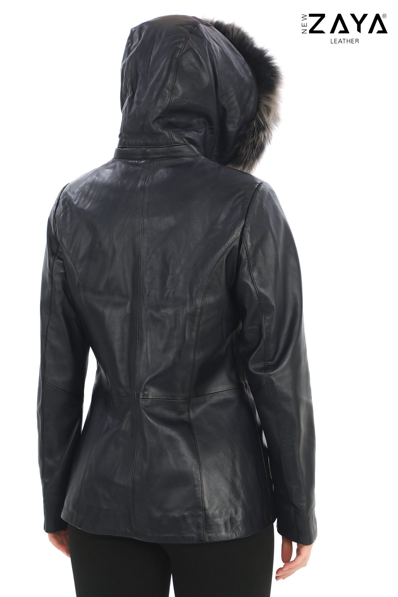 ELIVE NAVY  BLUE Fur Hooded Leather Jacket