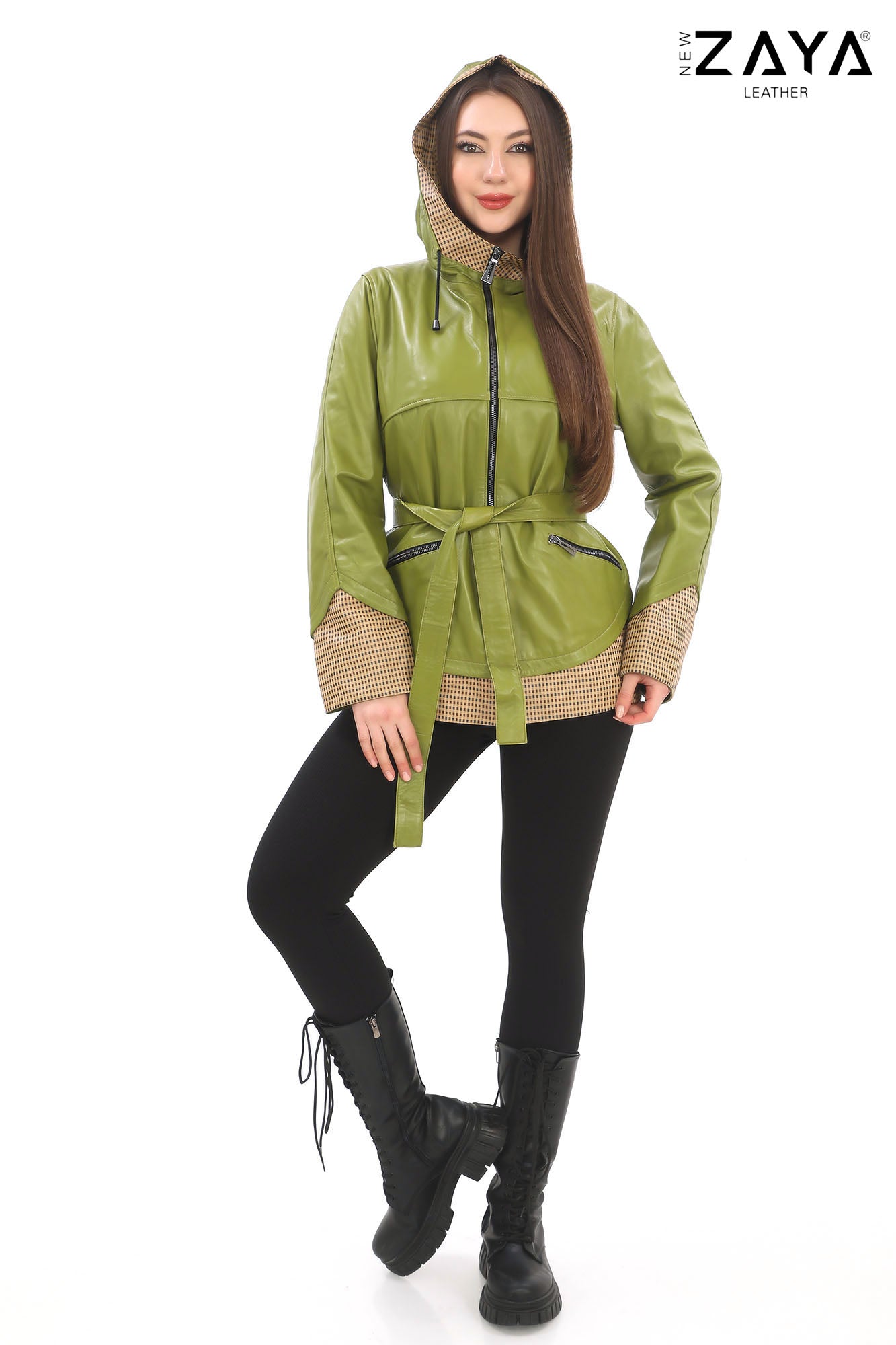 LYRA BLUE GENUINE LEATHER HOUNDSTOOTH COMBINED HOODED JACKET Green