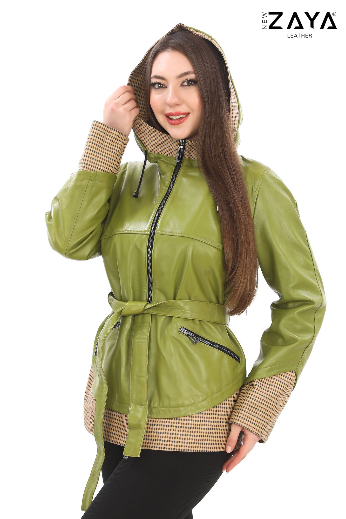 LYRA BLUE GENUINE LEATHER HOUNDSTOOTH COMBINED HOODED JACKET Green