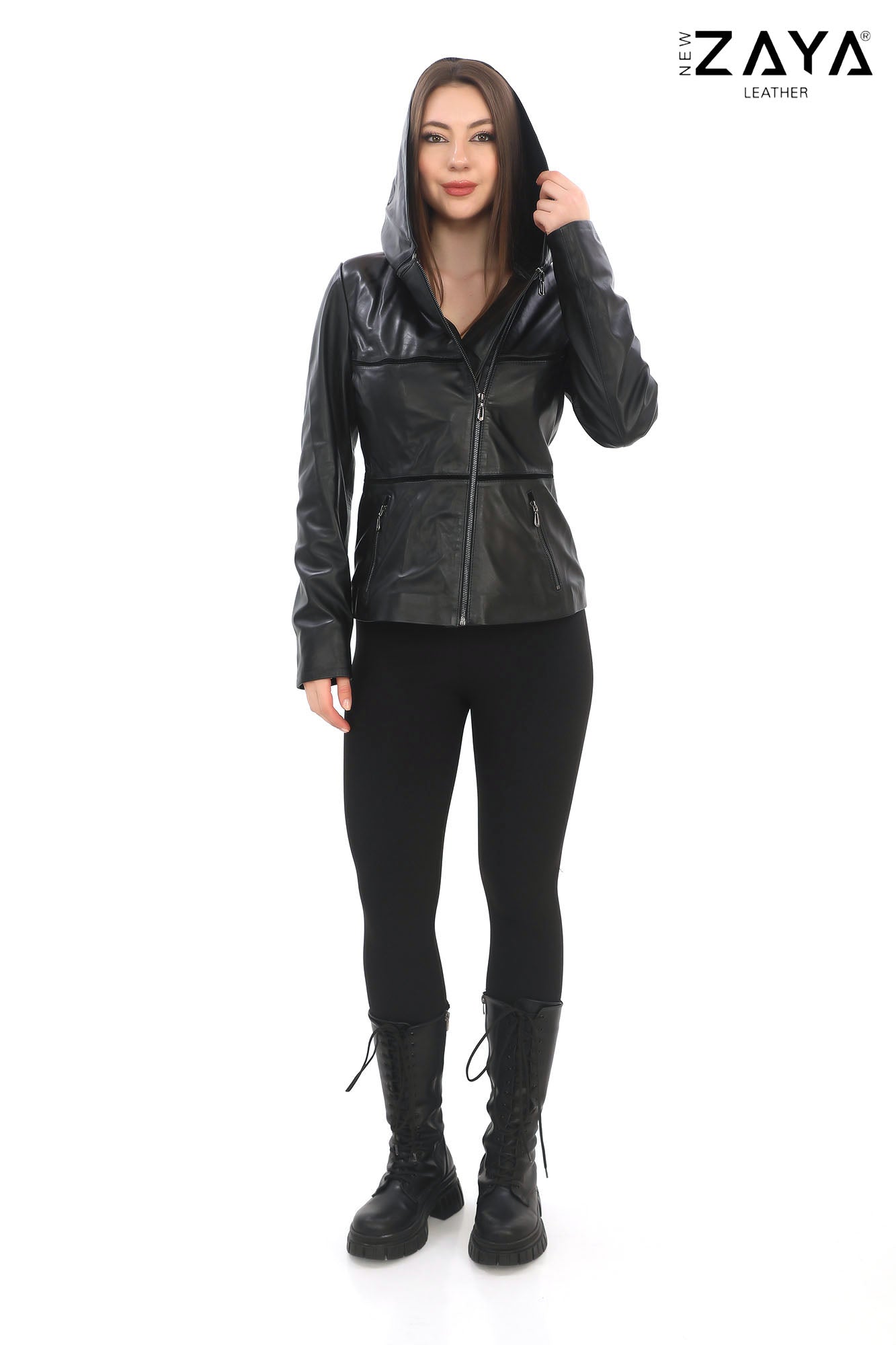 JAEEN Black Genuine Lambskin Leather Jacket with Detachable Hood