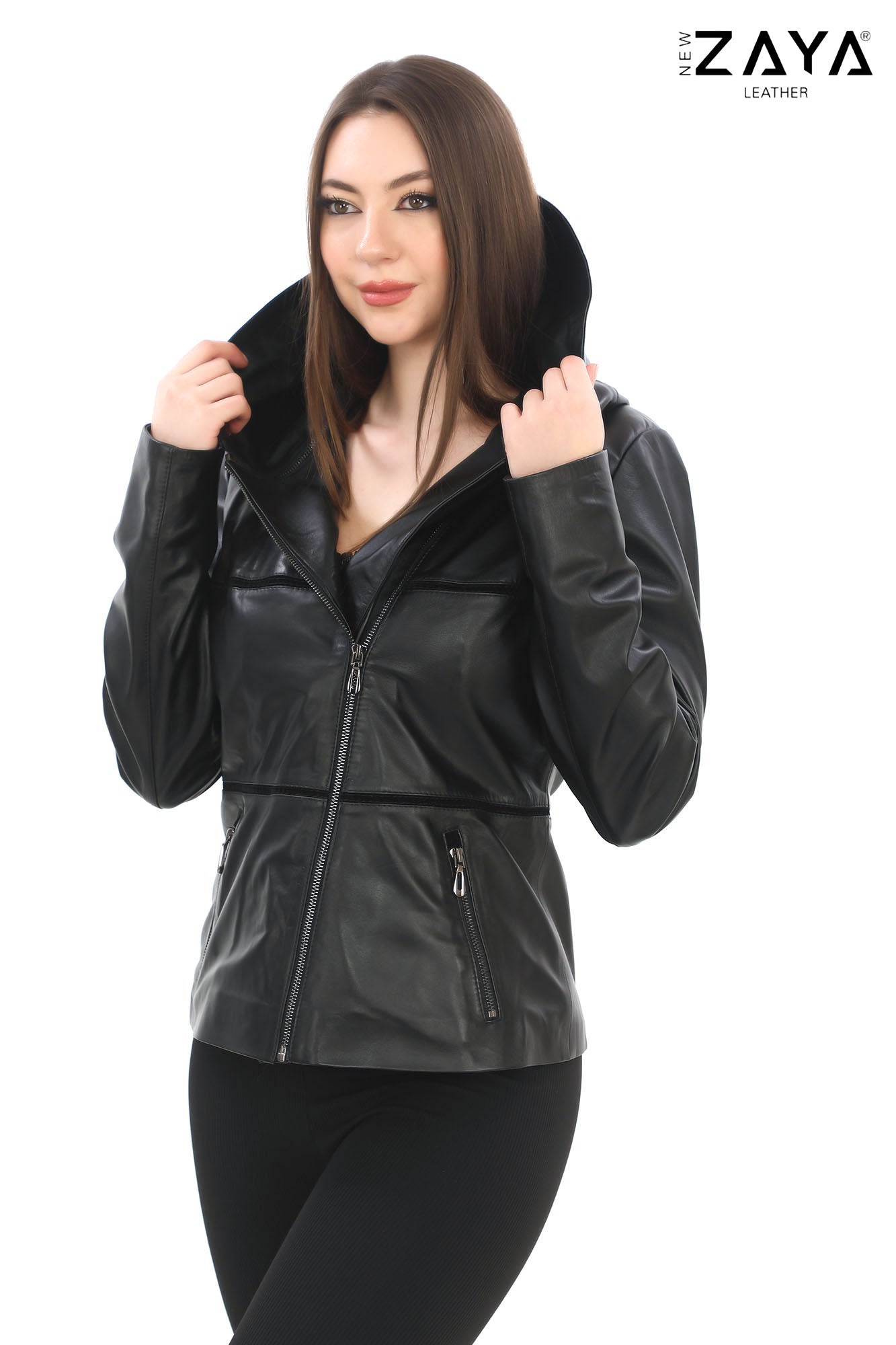 JAEEN Black Genuine Lambskin Leather Jacket with Detachable Hood