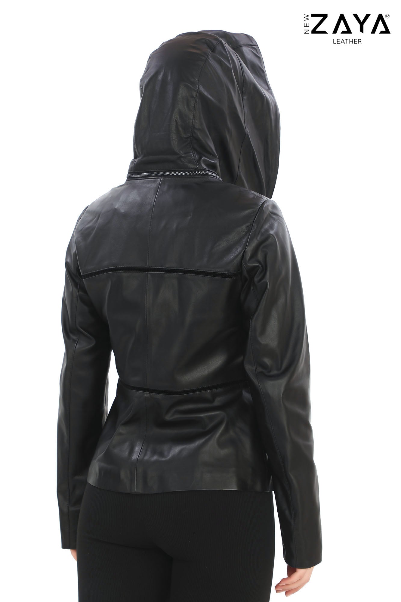 JAEEN Black Genuine Lambskin Leather Jacket with Detachable Hood