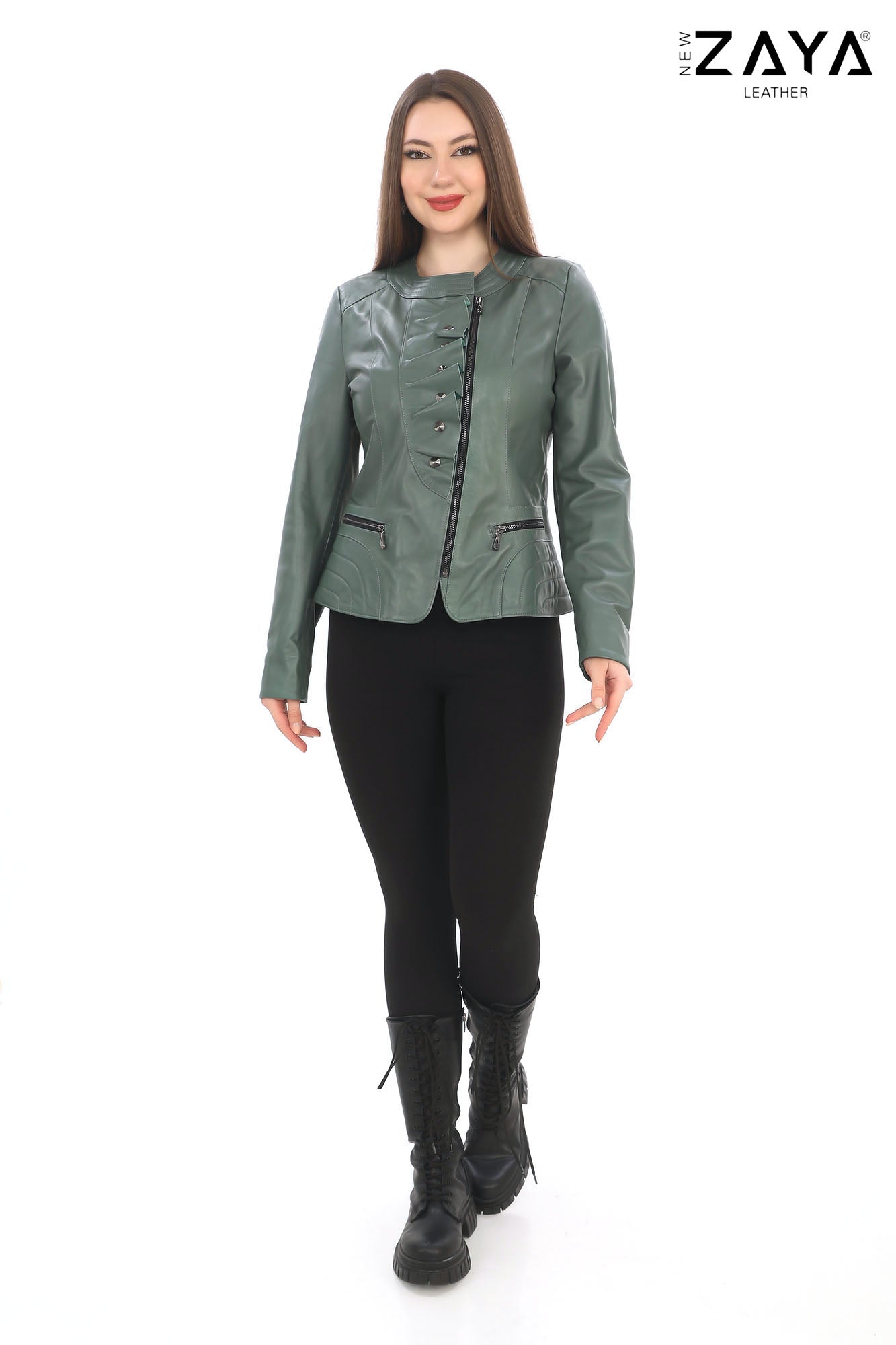 FLORA SAGE GREEN GENUINE LEATHER RUFFLE DETAILED ASYMMETRICAL JACKET