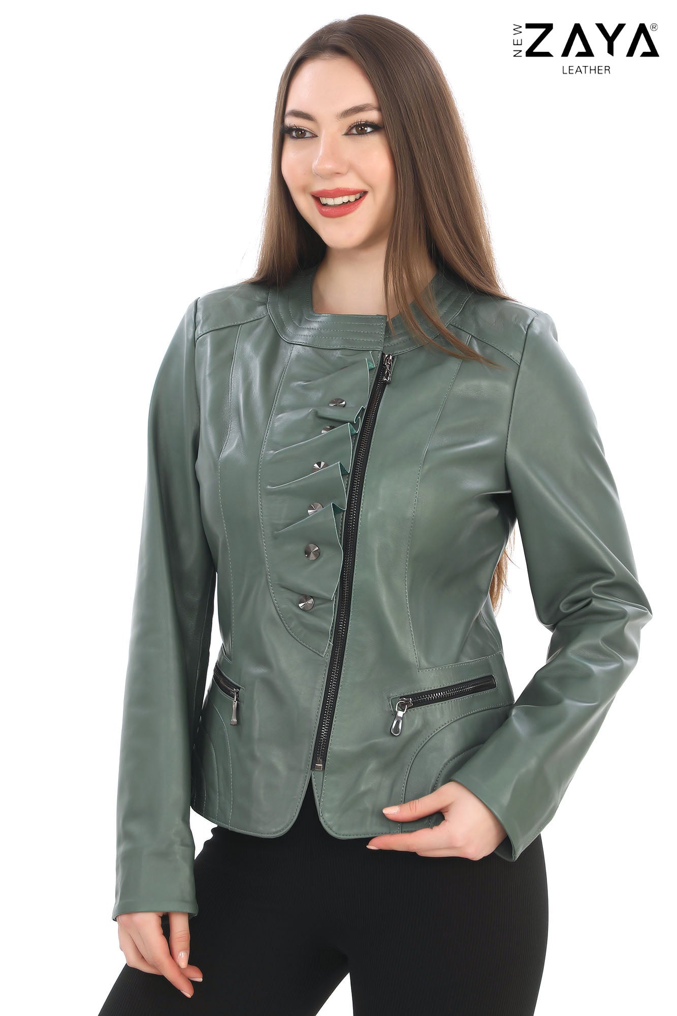 FLORA SAGE GREEN GENUINE LEATHER RUFFLE DETAILED ASYMMETRICAL JACKET