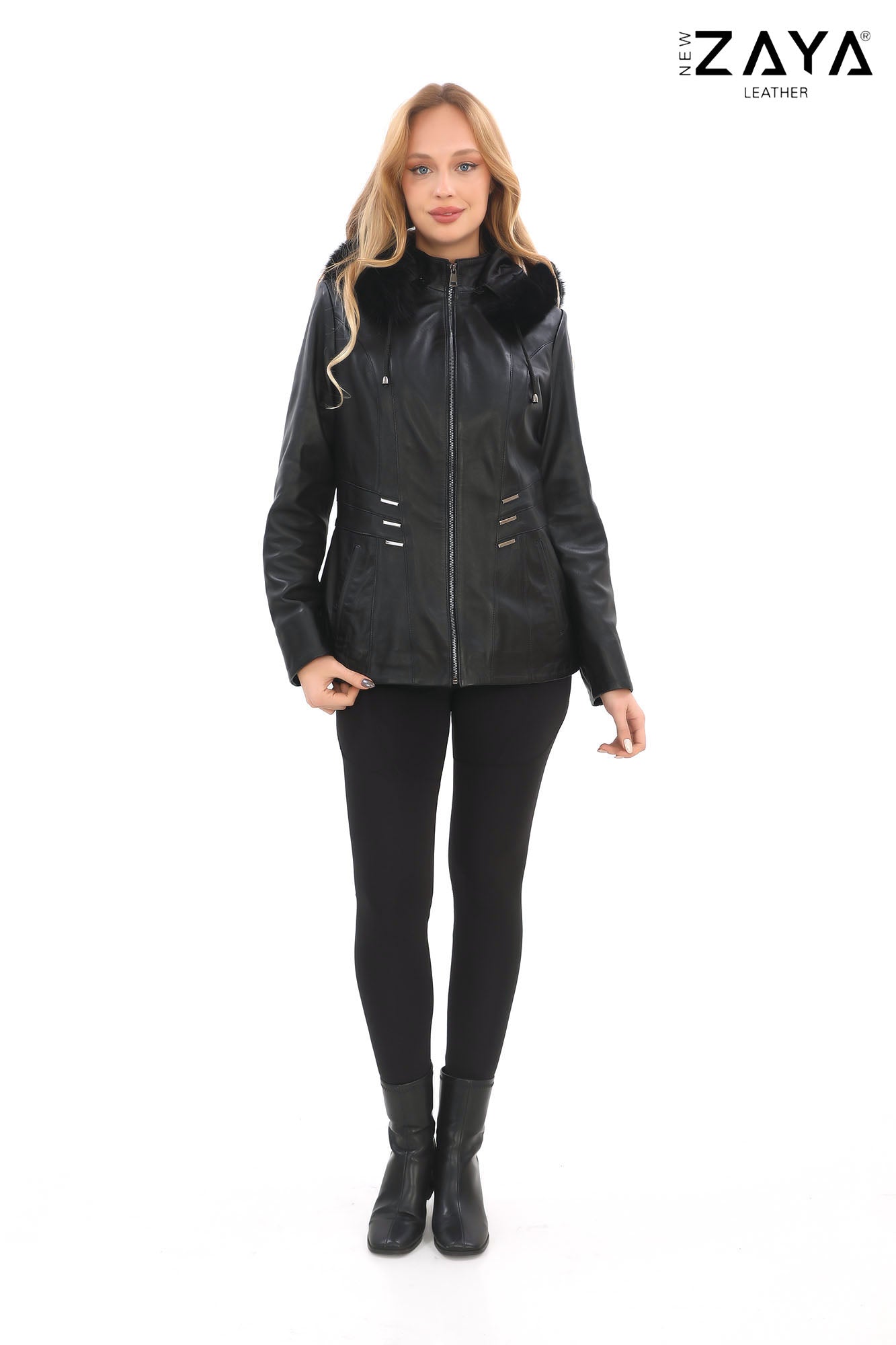 ELIVE BLACK Fur Hooded Leather Jacket