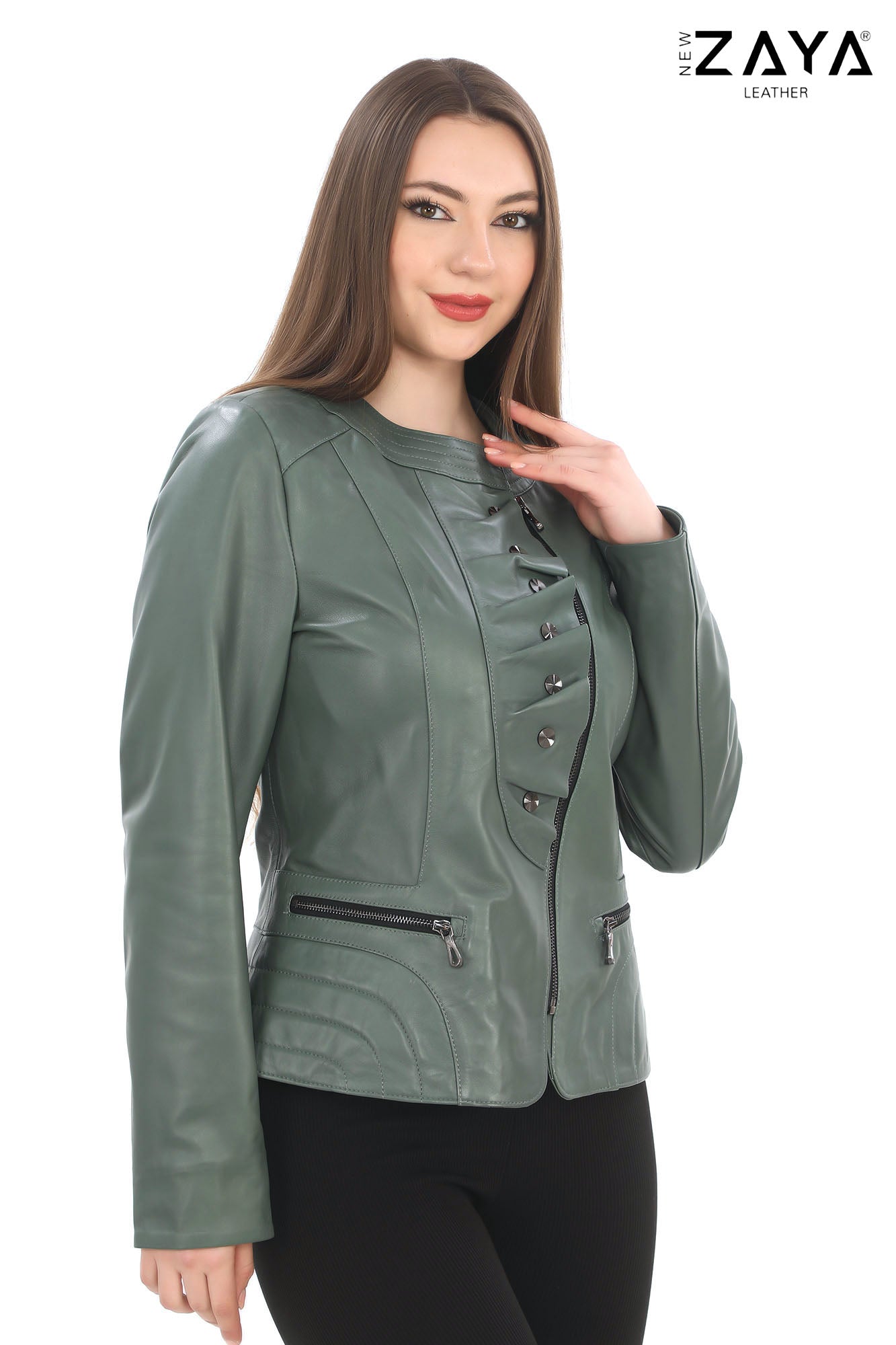 FLORA SAGE GREEN GENUINE LEATHER RUFFLE DETAILED ASYMMETRICAL JACKET