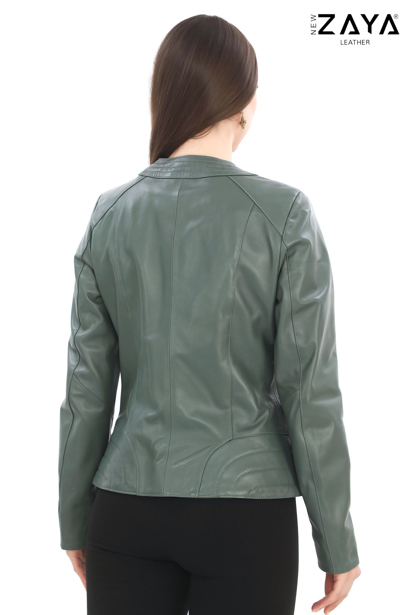 FLORA SAGE GREEN GENUINE LEATHER RUFFLE DETAILED ASYMMETRICAL JACKET