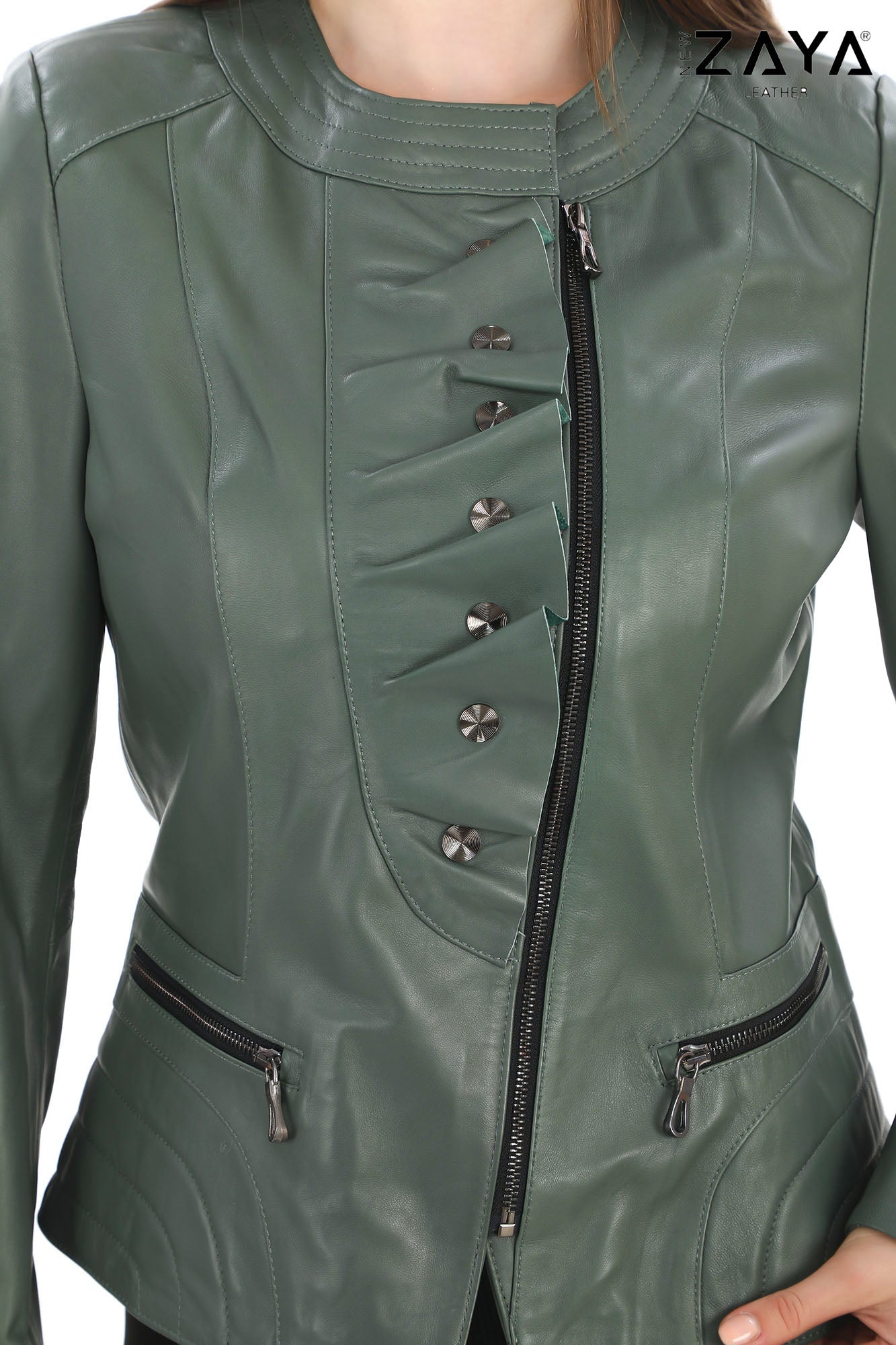 FLORA SAGE GREEN GENUINE LEATHER RUFFLE DETAILED ASYMMETRICAL JACKET