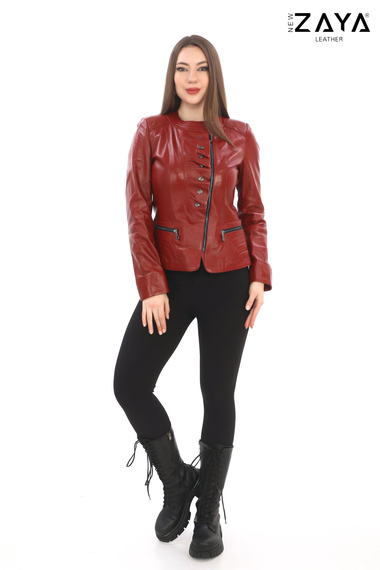 FLORA RED GENUINE LEATHER RUFFLE DETAILED ASYMMETRICAL JACKET