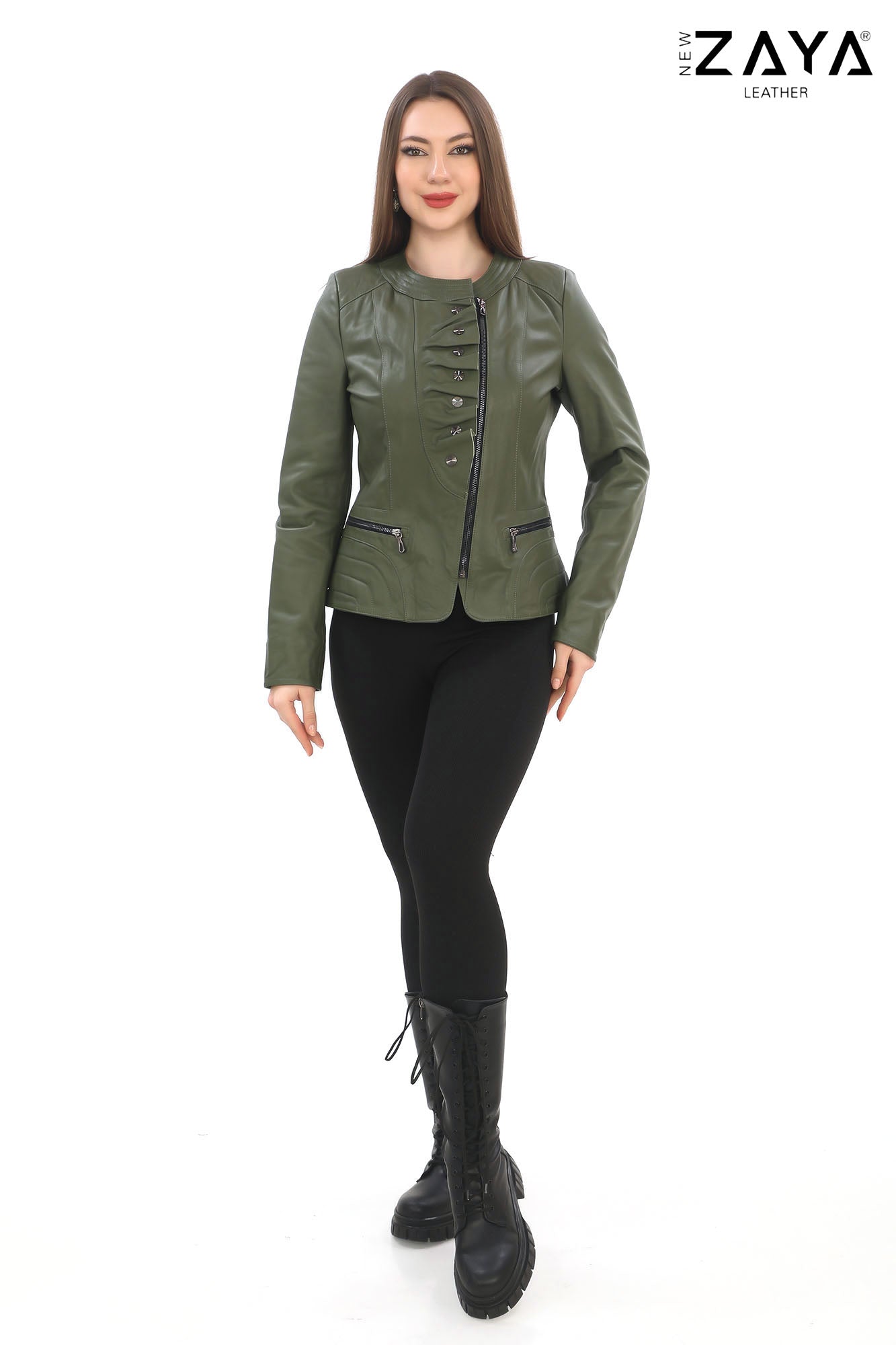 FLORA KHAKI GENUINE LEATHER RUFFLE DETAILED ASYMMETRICAL JACKET