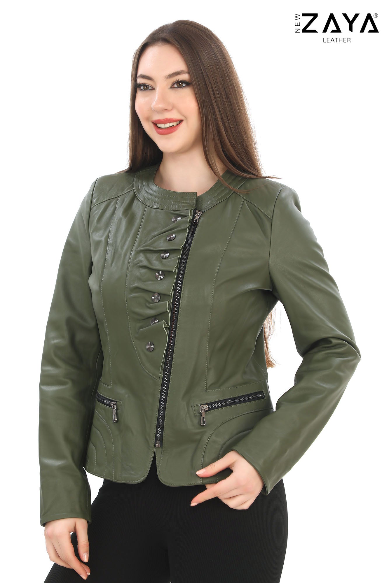 FLORA KHAKI GENUINE LEATHER RUFFLE DETAILED ASYMMETRICAL JACKET