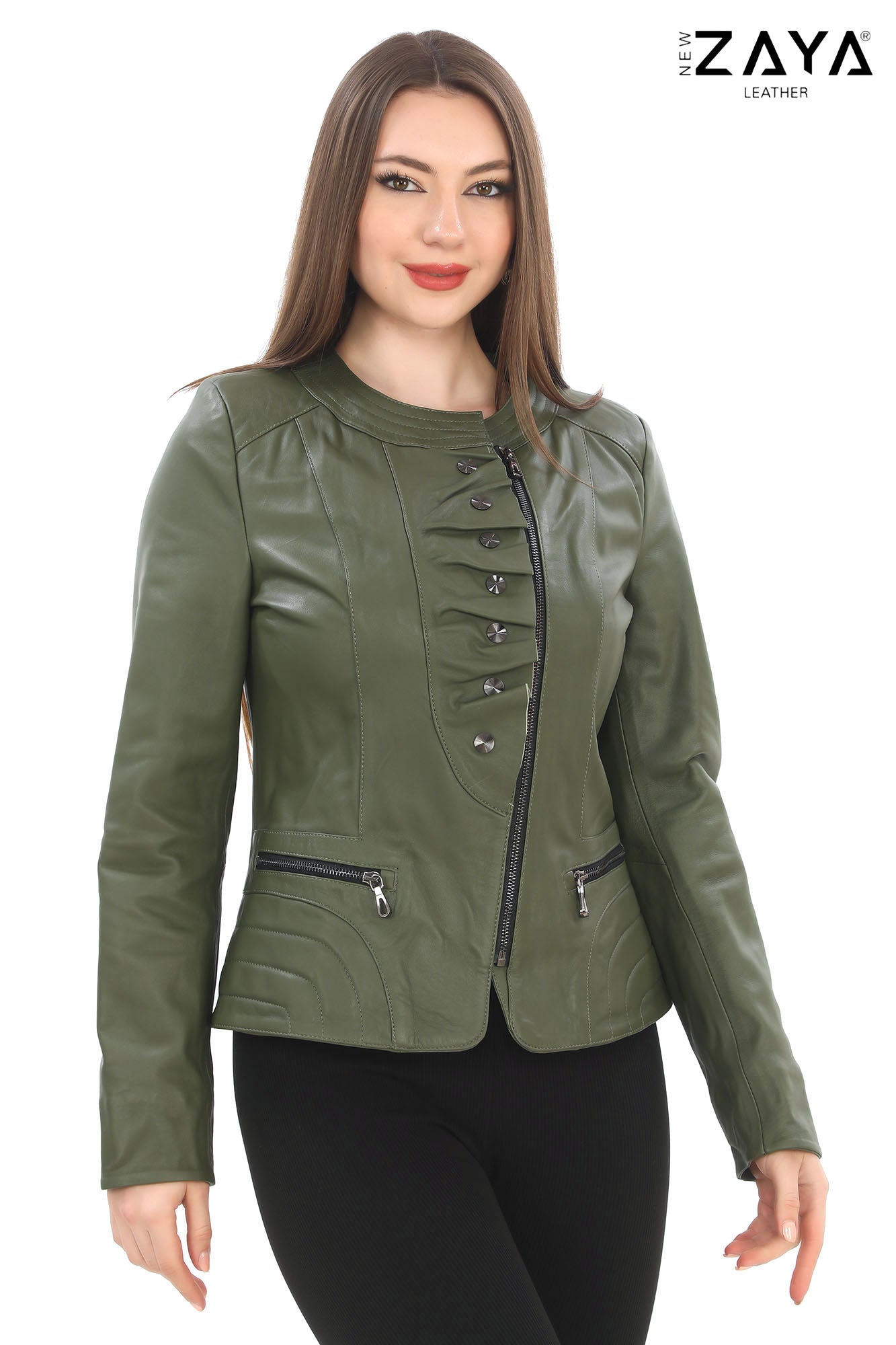 FLORA KHAKI GENUINE LEATHER RUFFLE DETAILED ASYMMETRICAL JACKET