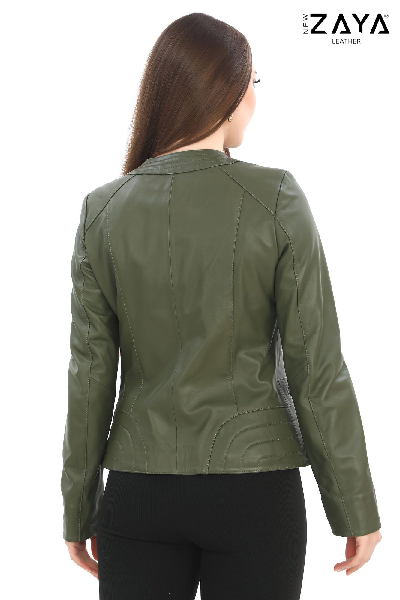 FLORA KHAKI GENUINE LEATHER RUFFLE DETAILED ASYMMETRICAL JACKET