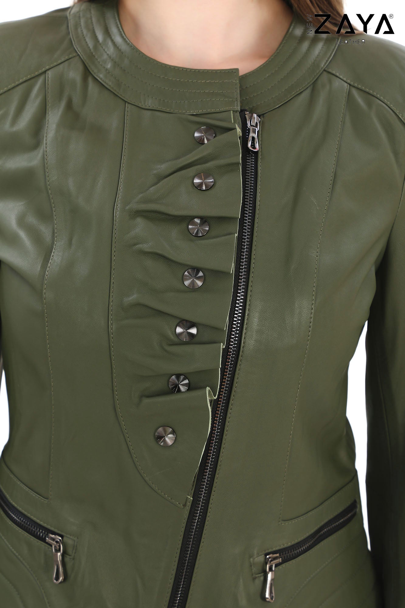 FLORA KHAKI GENUINE LEATHER RUFFLE DETAILED ASYMMETRICAL JACKET