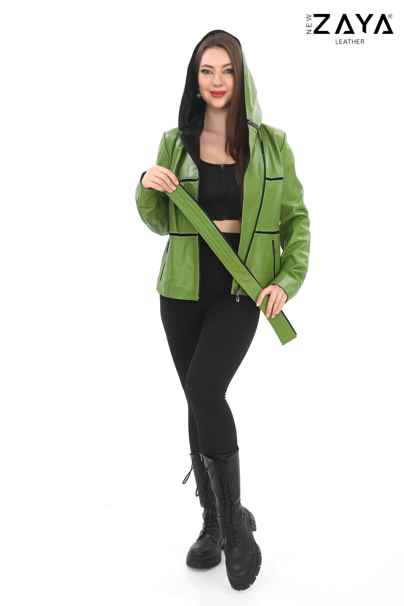 JAEEN Green Genuine Lambskin Leather Jacket with Detachable Hood