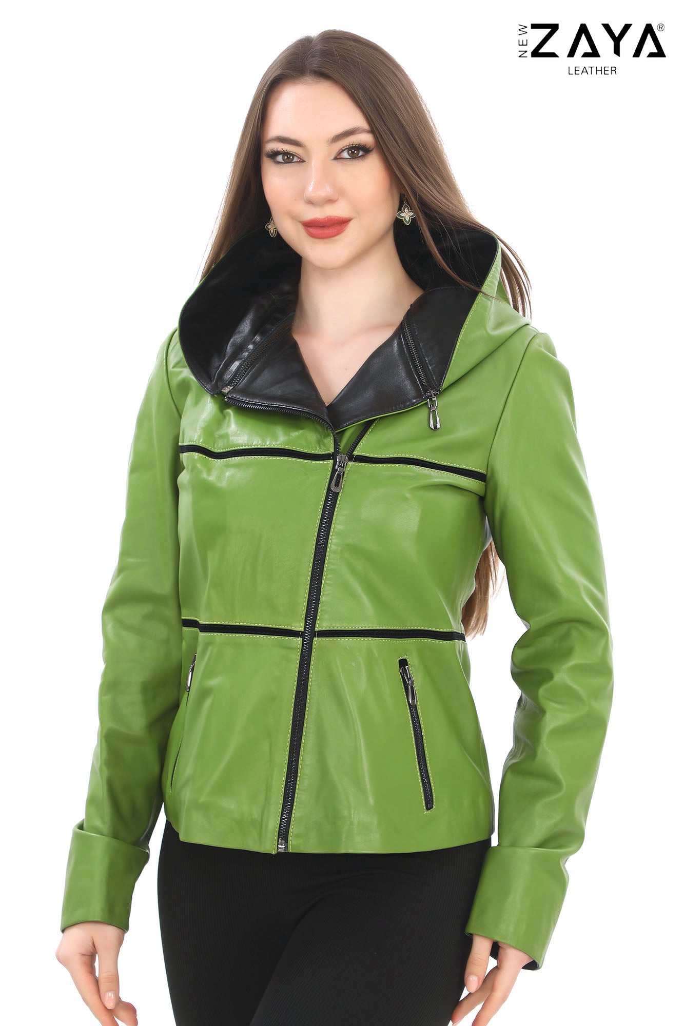 JAEEN Green Genuine Lambskin Leather Jacket with Detachable Hood