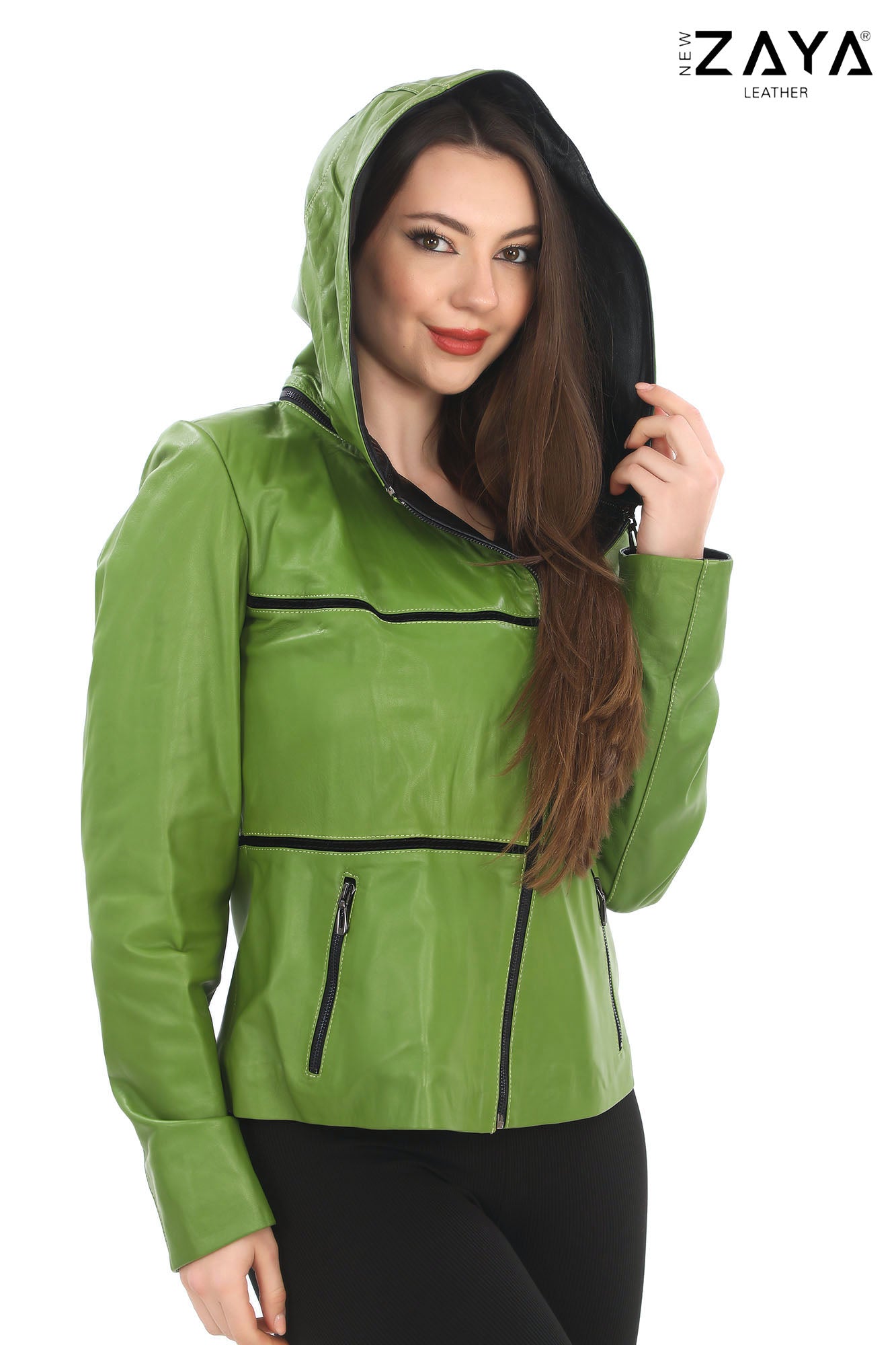 JAEEN Green Genuine Lambskin Leather Jacket with Detachable Hood