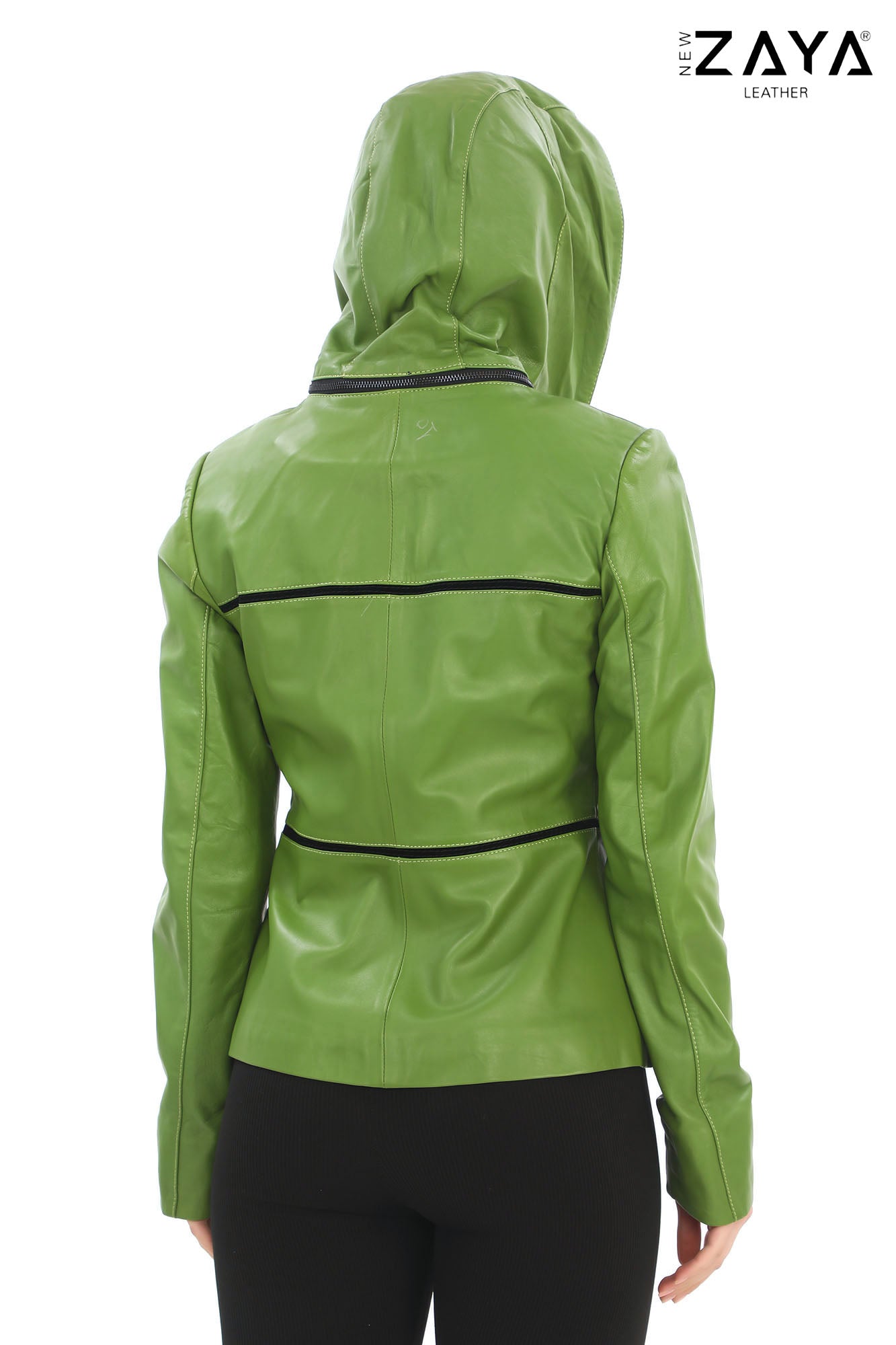 JAEEN Green Genuine Lambskin Leather Jacket with Detachable Hood