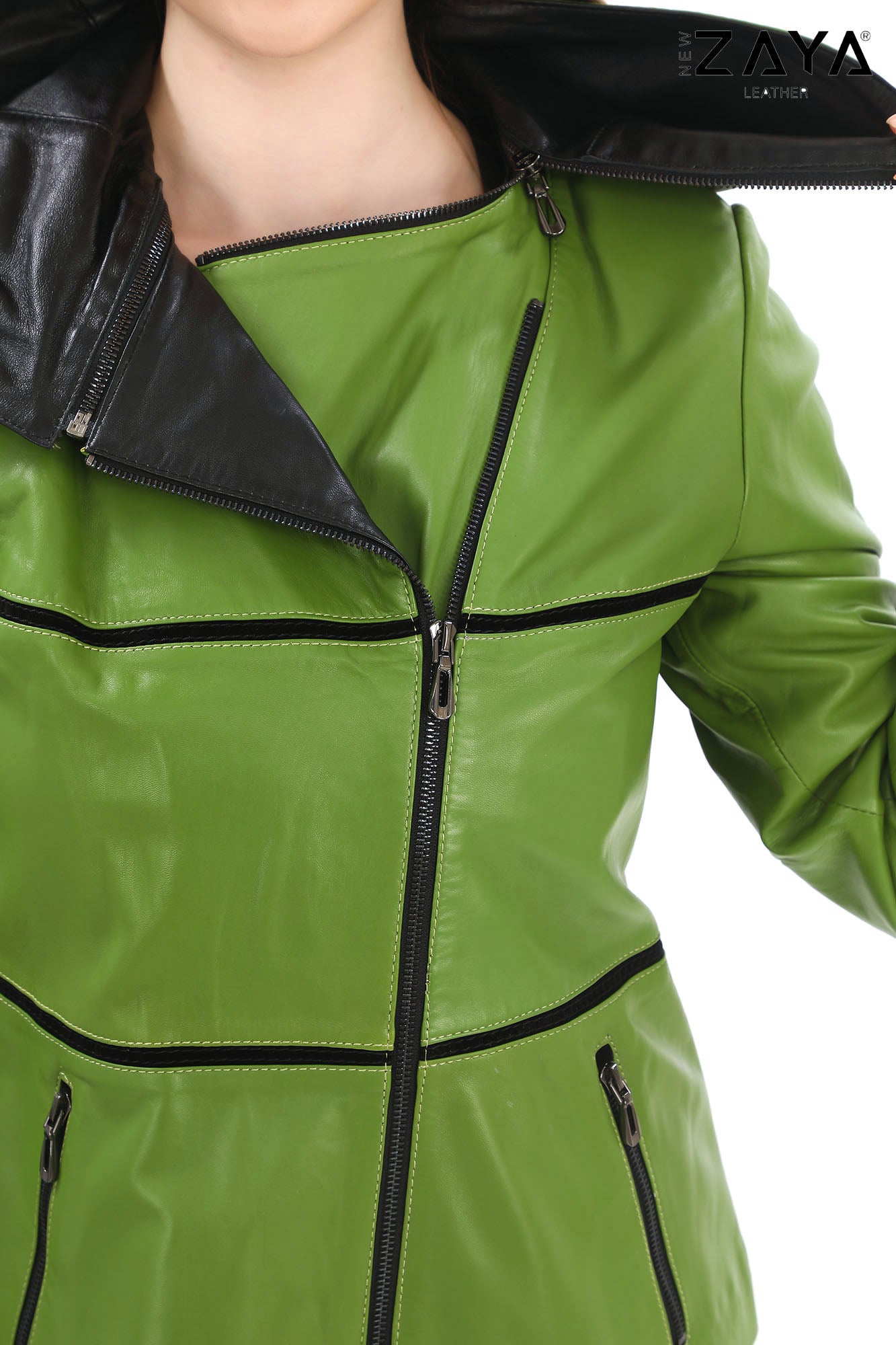 JAEEN Green Genuine Lambskin Leather Jacket with Detachable Hood