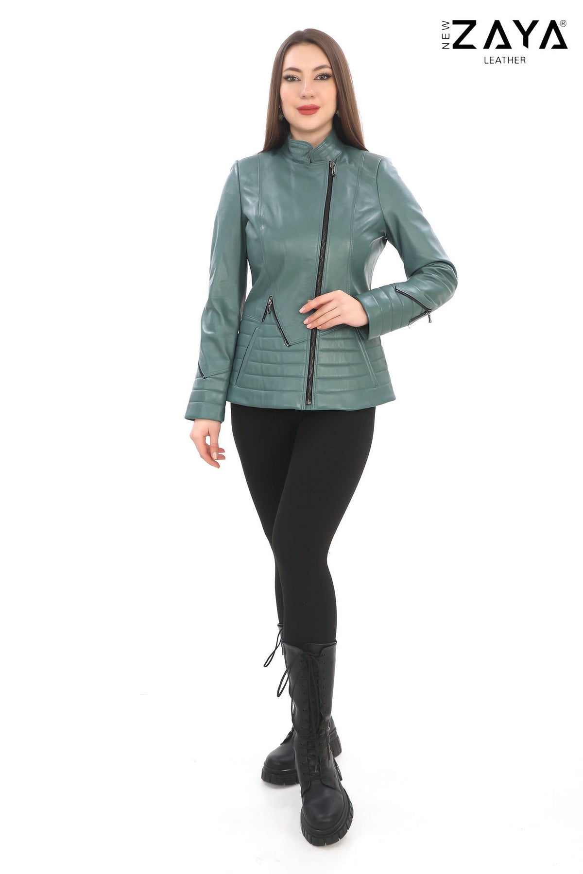 Verona Genuine Leather Mint Green Asymmetric Biker Jacket with Quilted Panel Details
