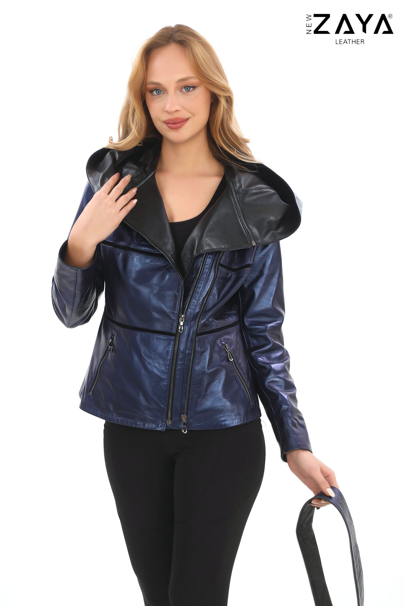 JAEEN Metallic Blue Genuine Lambskin Leather Jacket with Detachable Hood