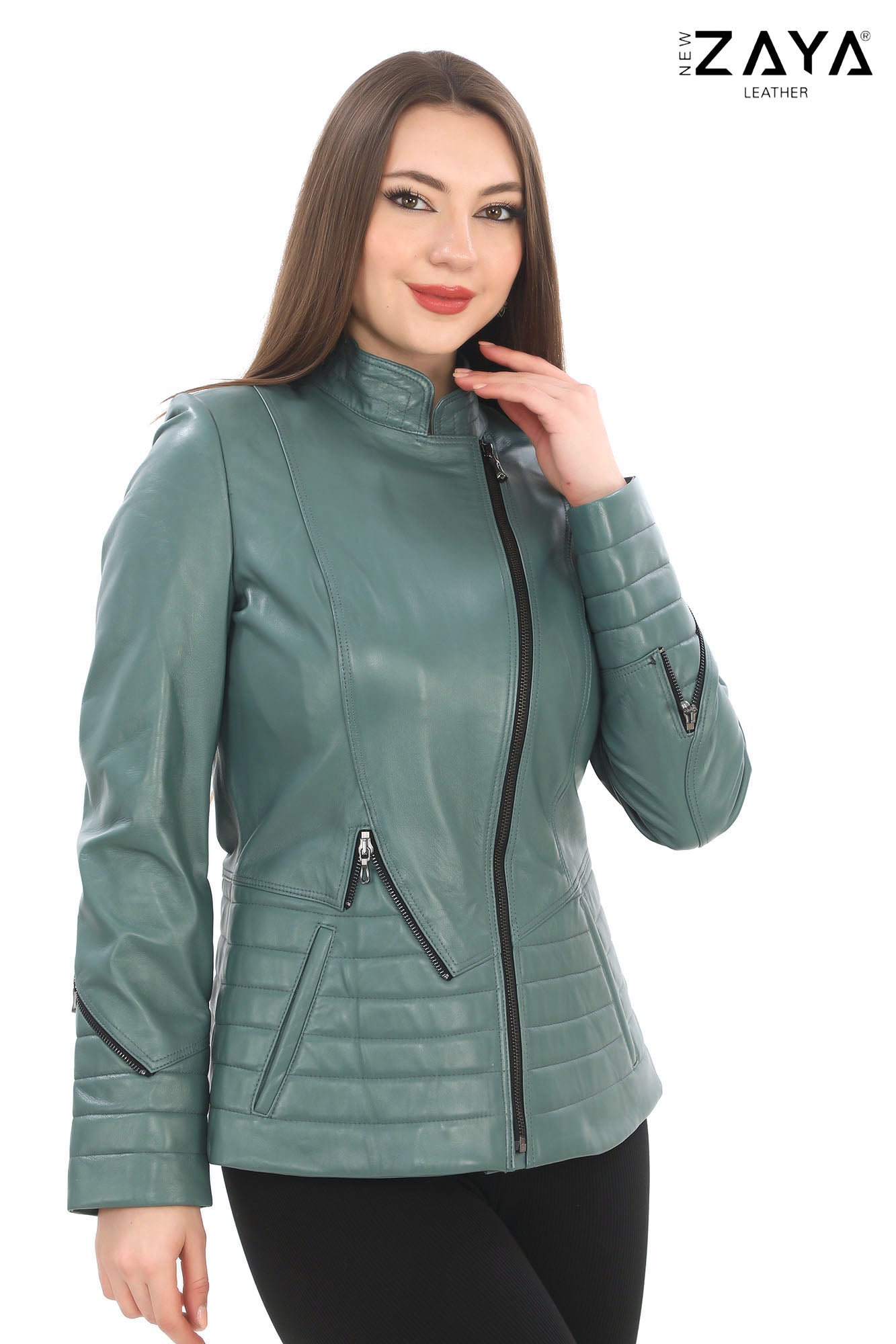 Verona Genuine Leather Mint Green Asymmetric Biker Jacket with Quilted Panel Details