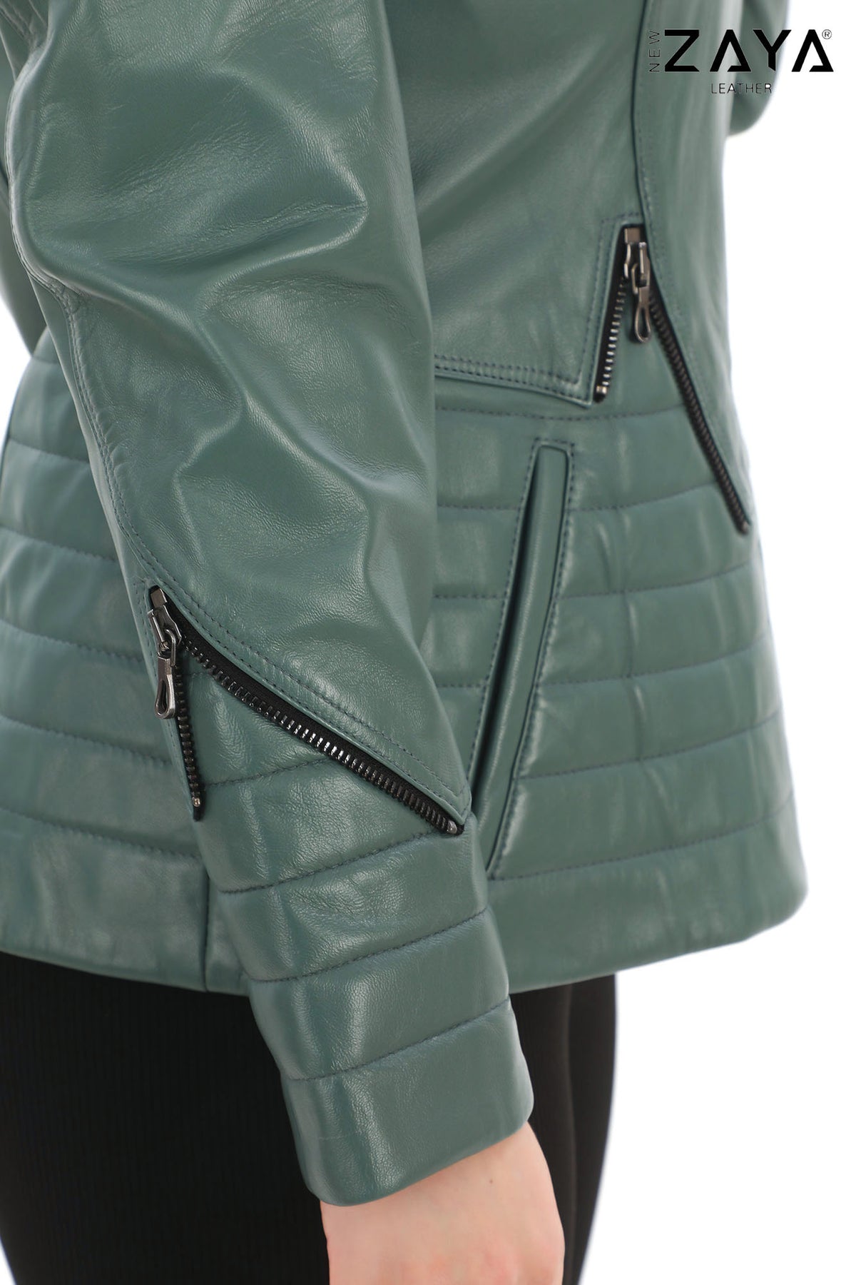 Verona Genuine Leather Mint Green Asymmetric Biker Jacket with Quilted Panel Details