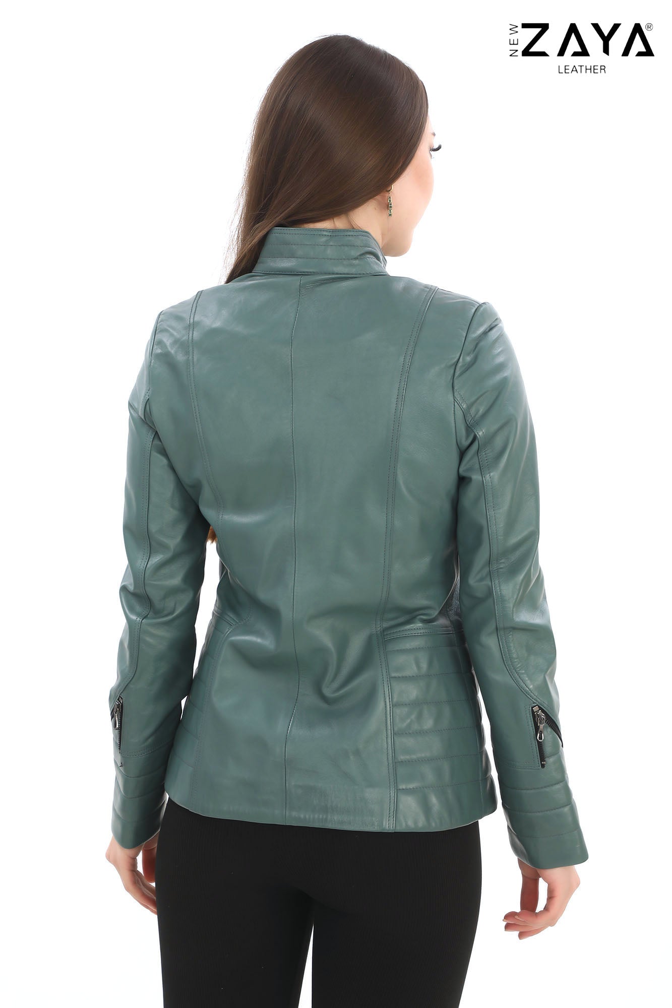 Verona Genuine Leather Mint Green Asymmetric Biker Jacket with Quilted Panel Details