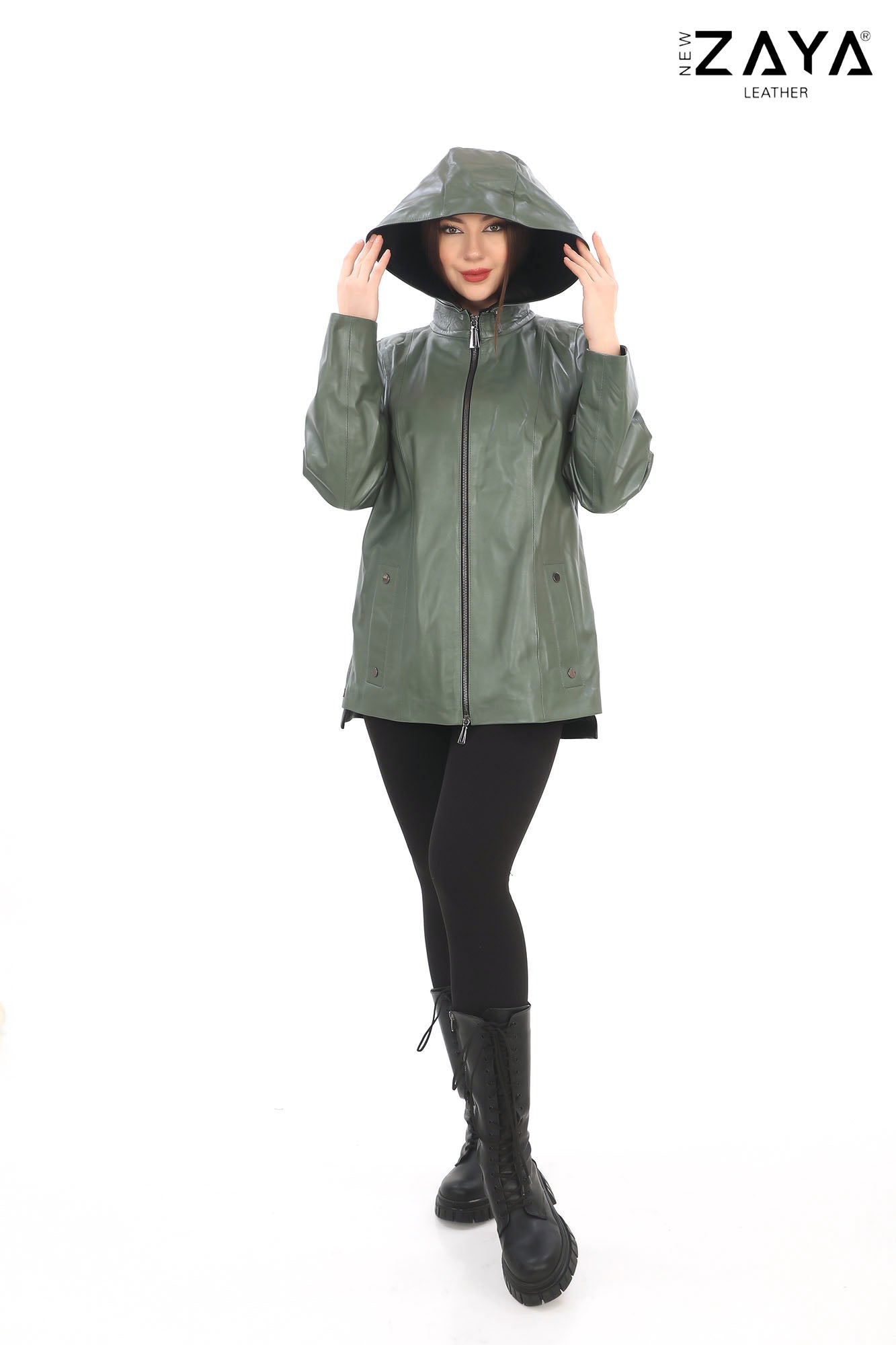 Udine Genuine Lambskin Khaki Leather Jacket with Snap Button Pockets