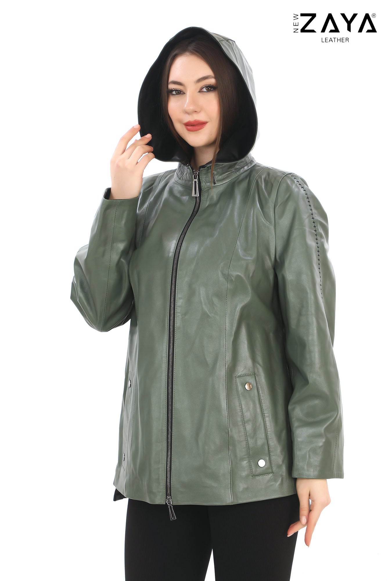 Udine Genuine Lambskin Khaki Leather Jacket with Snap Button Pockets